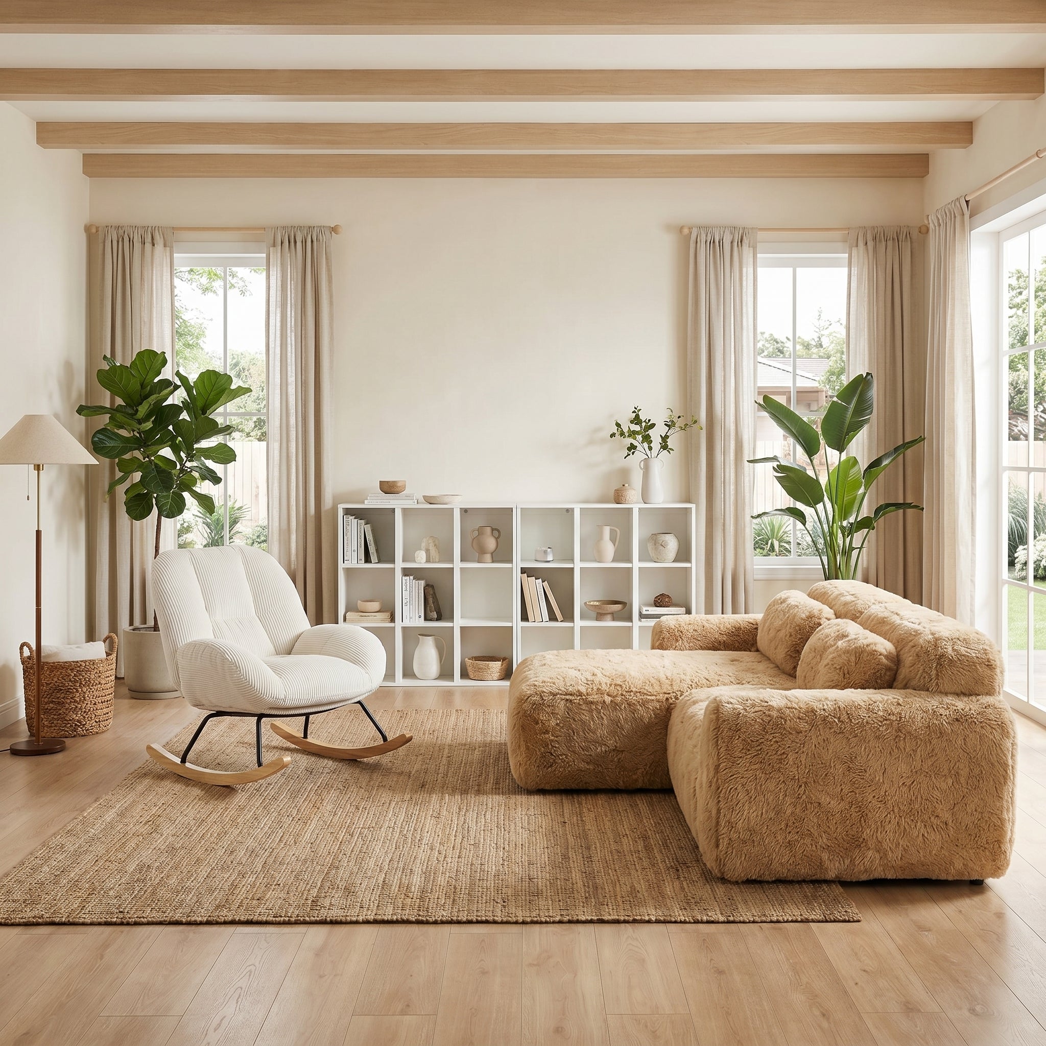Durham Modular Loveseat Sofa with LITHOPS Beige Rocking Accent Chair and MANDI III 3-Piece White Modular Cubby Bookcase Set