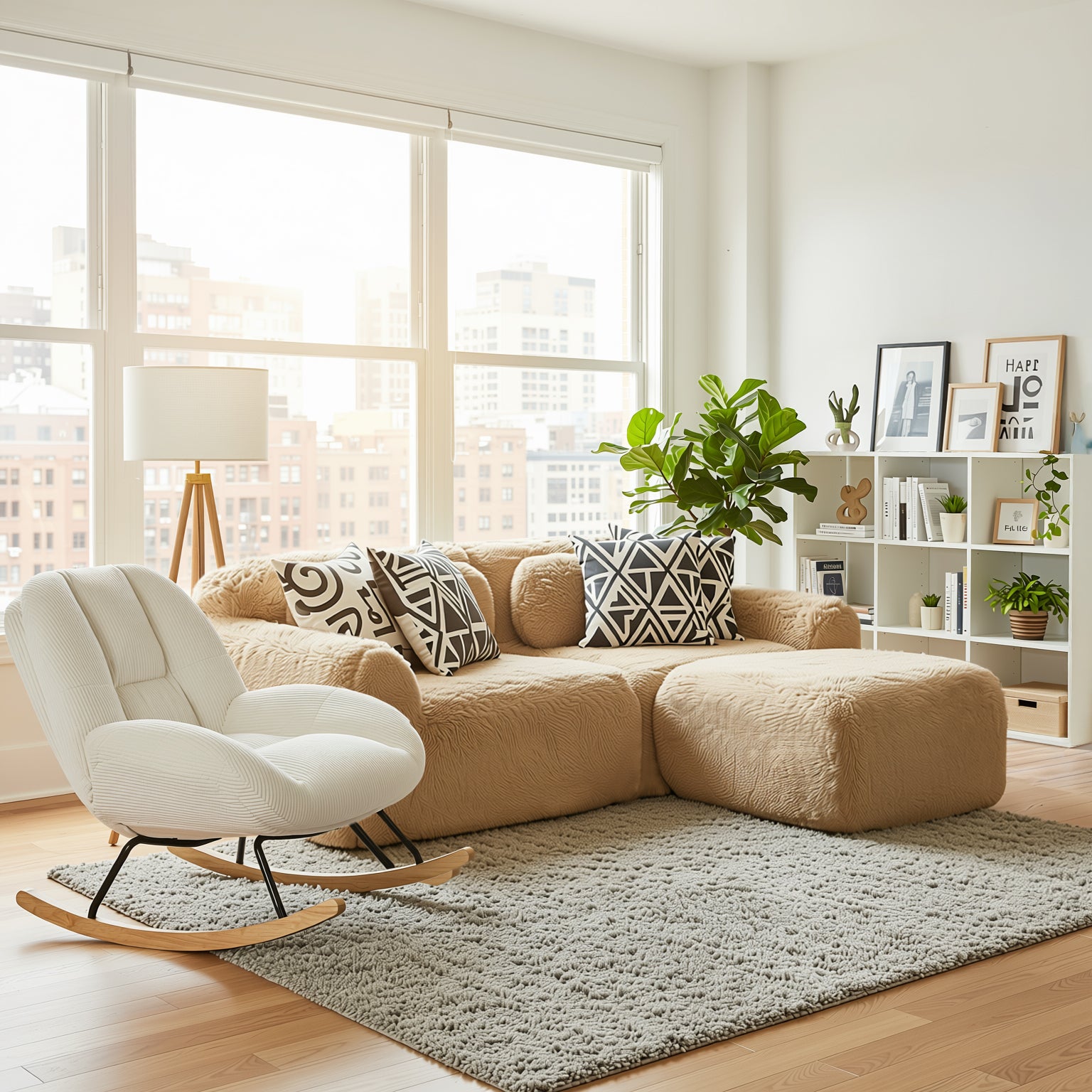 Durham Modular Loveseat Sofa with LITHOPS Beige Rocking Accent Chair and MANDI III 3-Piece White Modular Cubby Bookcase Set