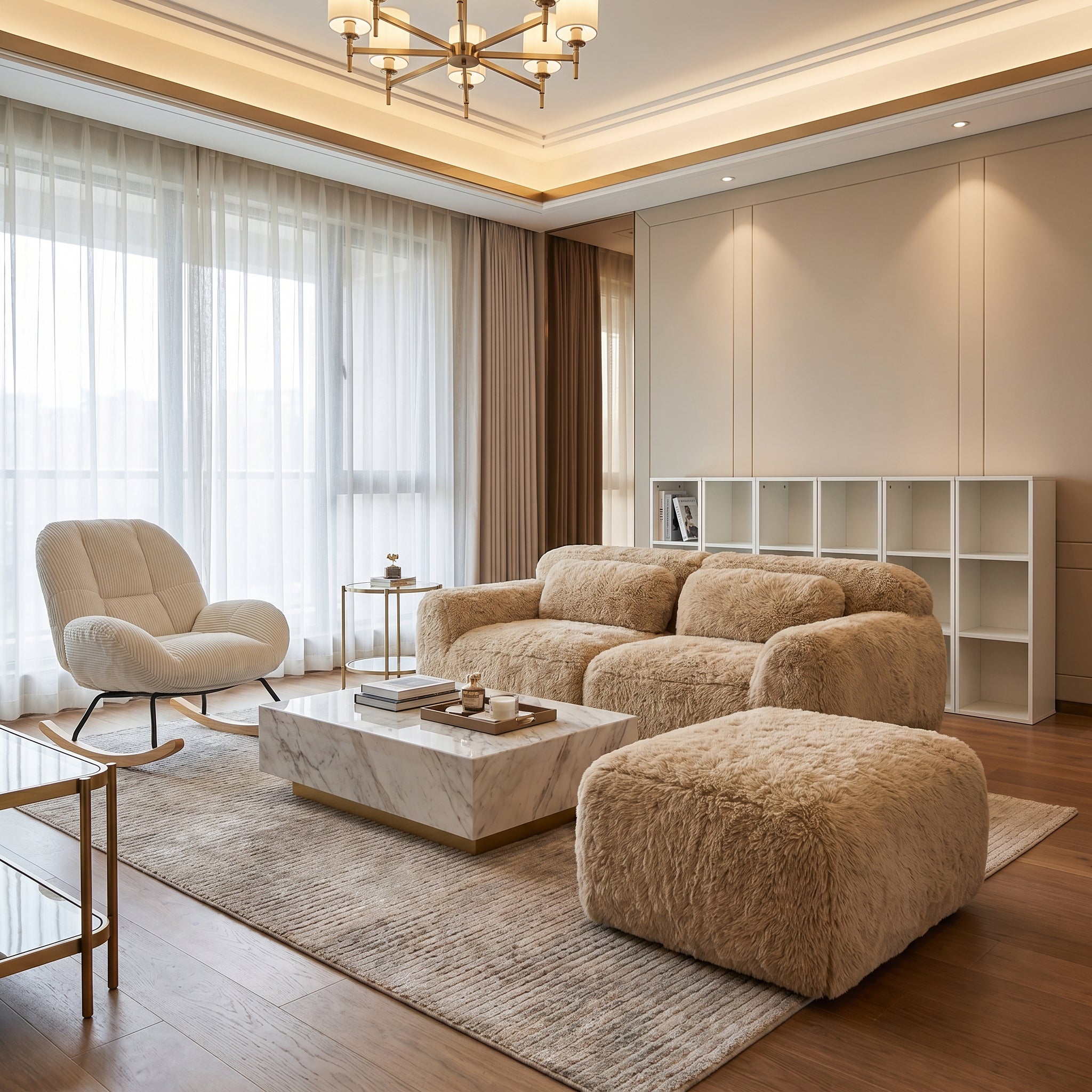 Durham Modular Loveseat Sofa with LITHOPS Beige Rocking Accent Chair and MANDI III 3-Piece White Modular Cubby Bookcase Set
