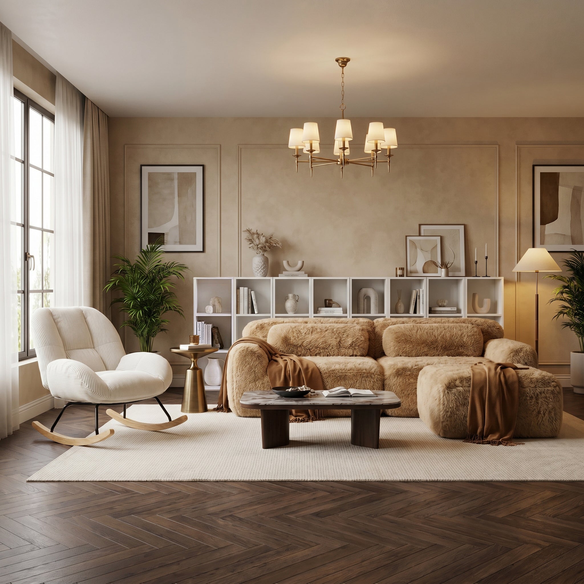 Durham Modular Loveseat Sofa with LITHOPS Beige Rocking Accent Chair and MANDI III 4-Piece White Modular Cubby Bookcase Set