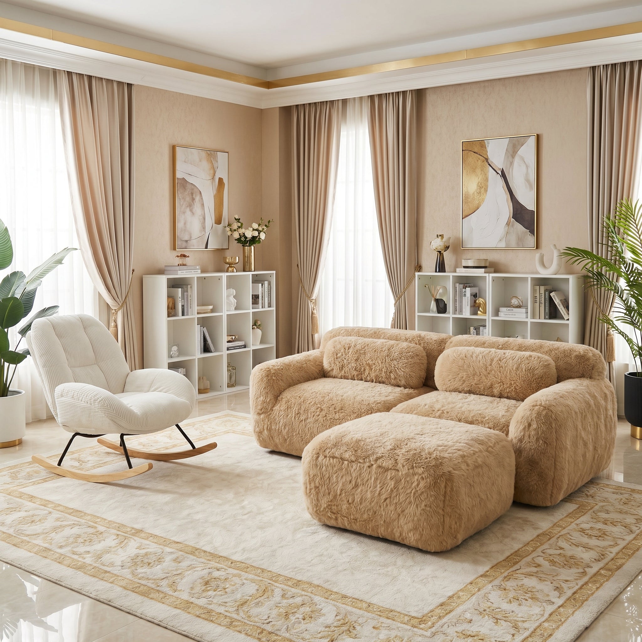 Durham Modular Loveseat Sofa with LITHOPS Beige Rocking Accent Chair and MANDI III 4-Piece White Modular Cubby Bookcase Set