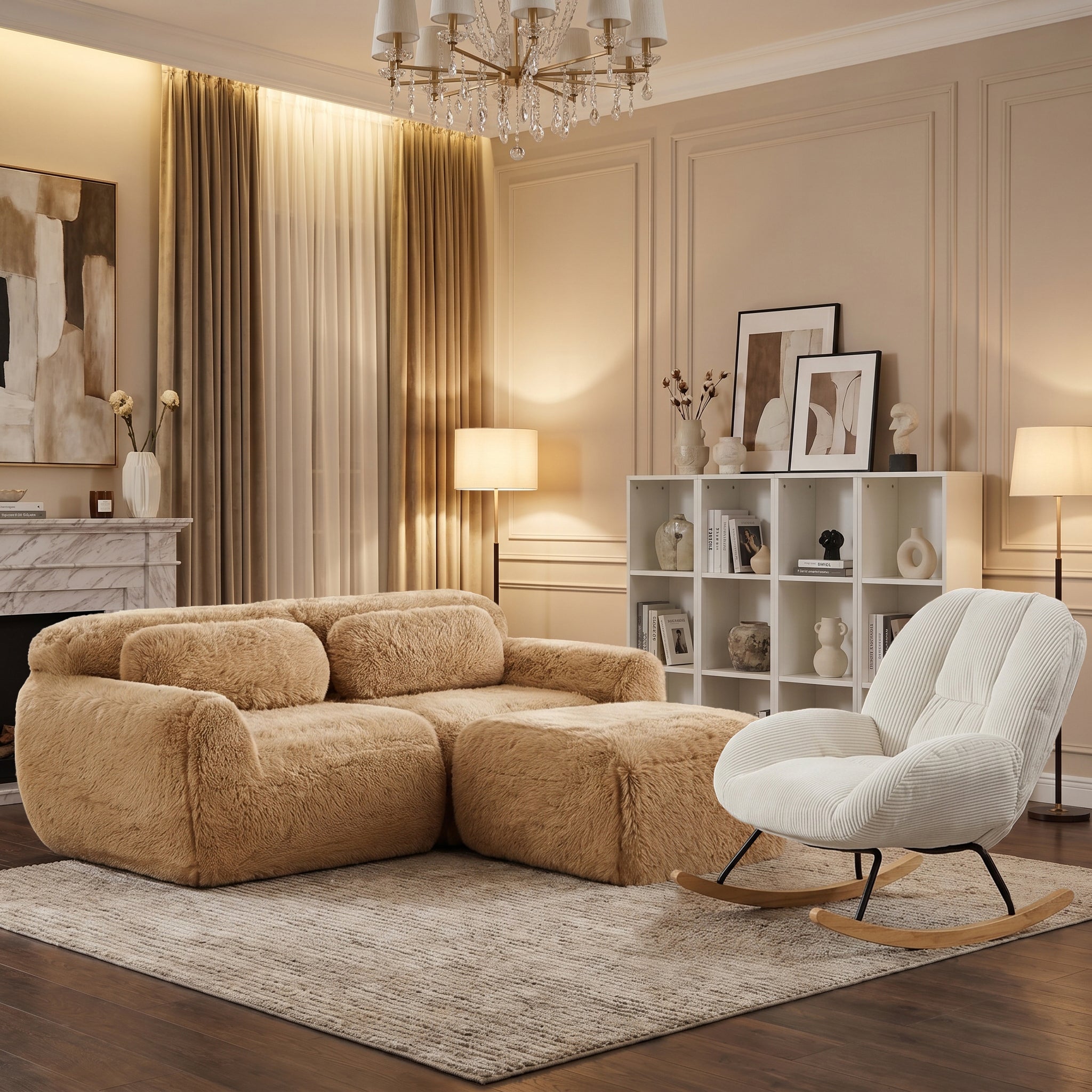 Durham Modular Loveseat Sofa with LITHOPS Beige Rocking Accent Chair and MANDI III 4-Piece White Modular Cubby Bookcase Set