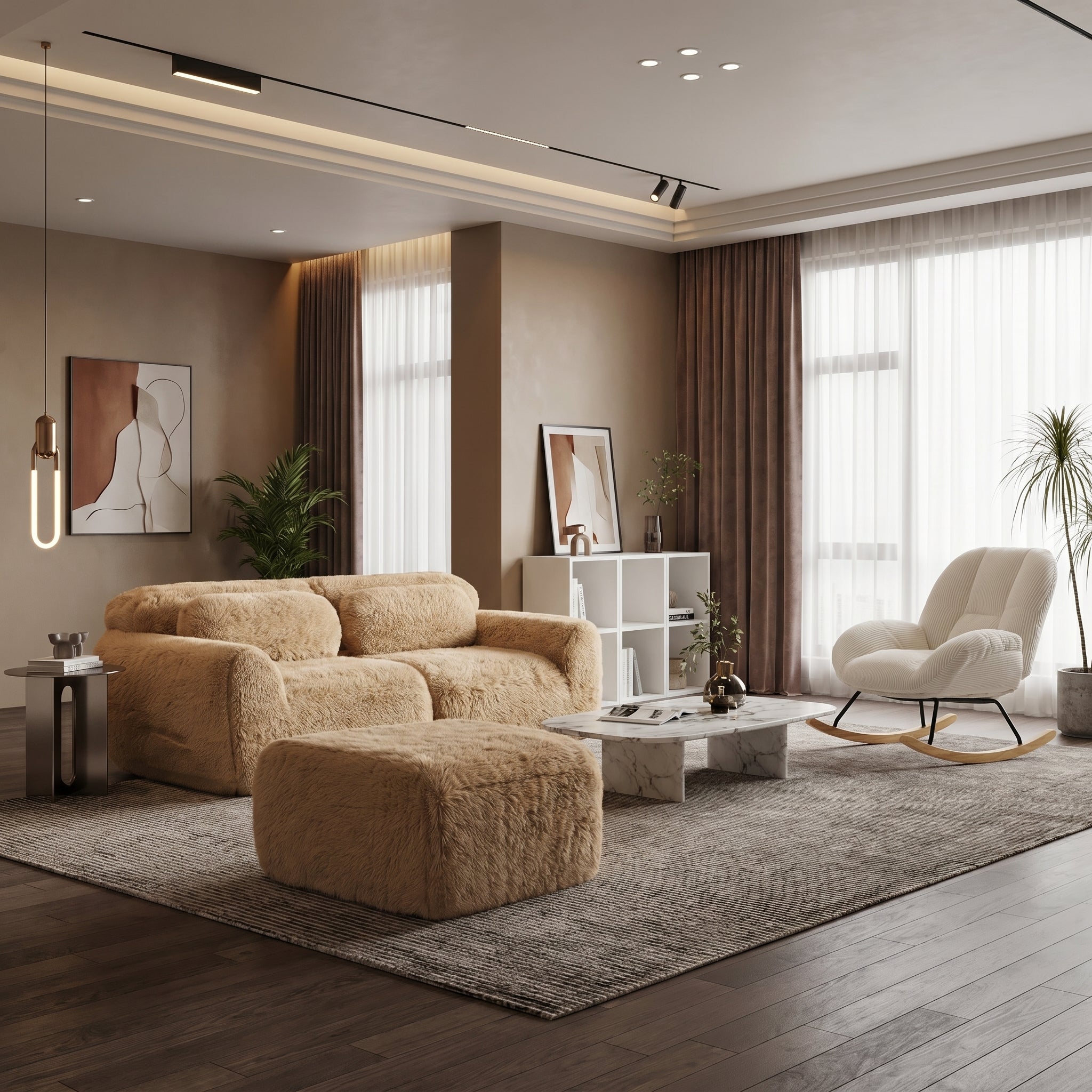 Durham Modular Loveseat Sofa with LITHOPS Beige Rocking Accent Chair and MANDI II 3-Piece White Modular Cubby Bookcase Set