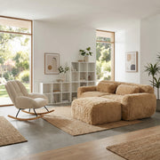 Durham Modular Loveseat Sofa with LITHOPS Beige Rocking Accent Chair and MANDI II 3-Piece White Modular Cubby Bookcase Set