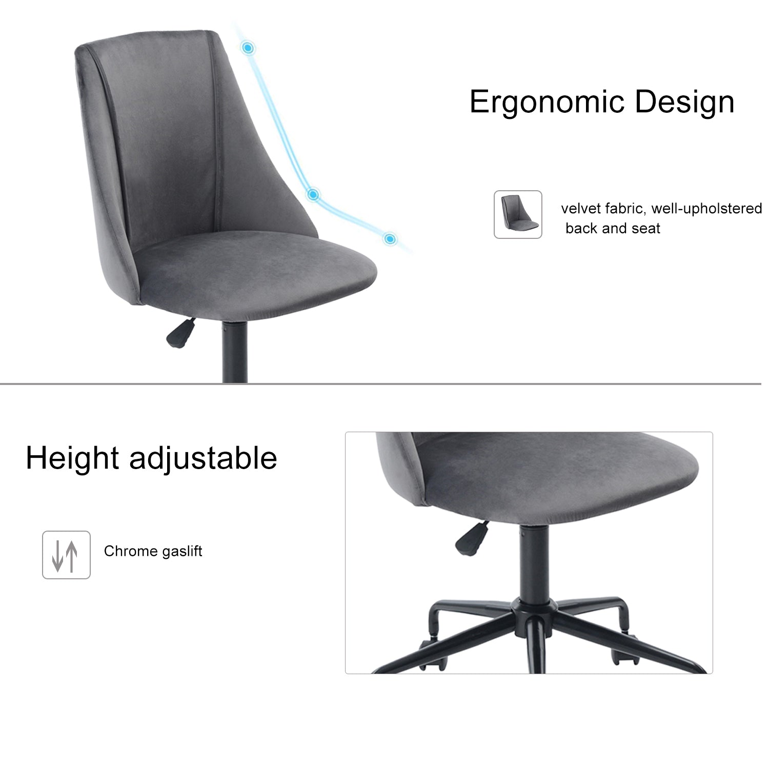 Homy Casa CIAN GREY Velvet Office Chair with Adjustable Gas Lift and Steel Frame, Open Box