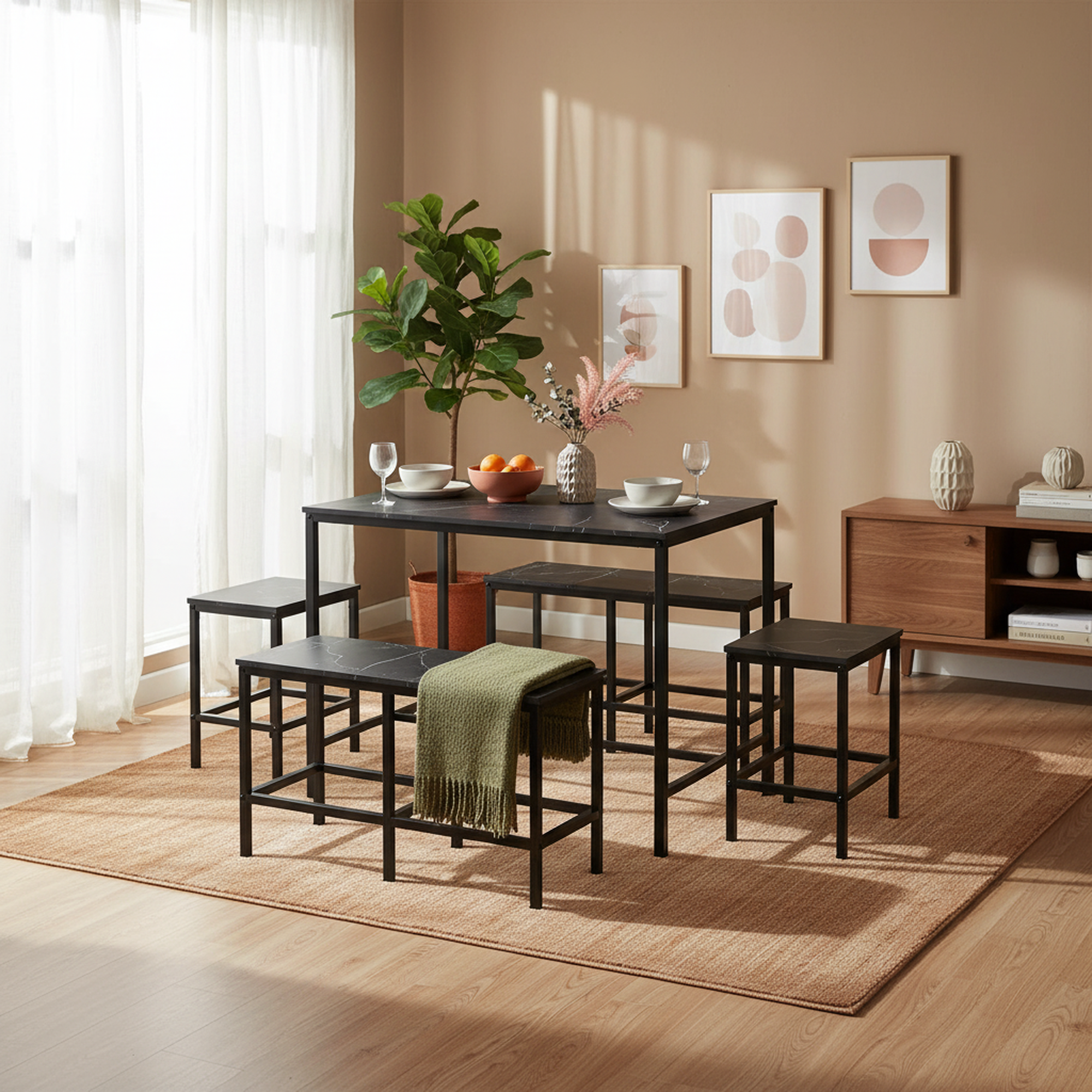 Homy Casa Moreman 5 Piece Dining Table Set 43.3” Dining Tabe with 4 Stools,Black