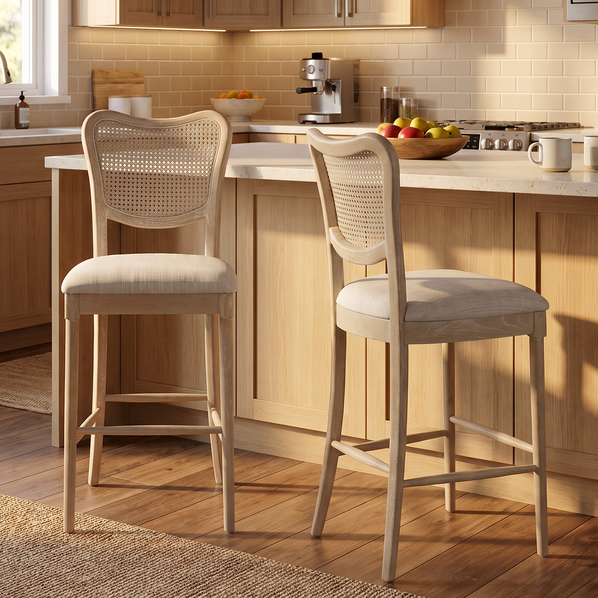 Homy Casa EIKKI 2PC 30" Grey French Country Cane Back Bar Stools with Distressed Wood Finish Open Box