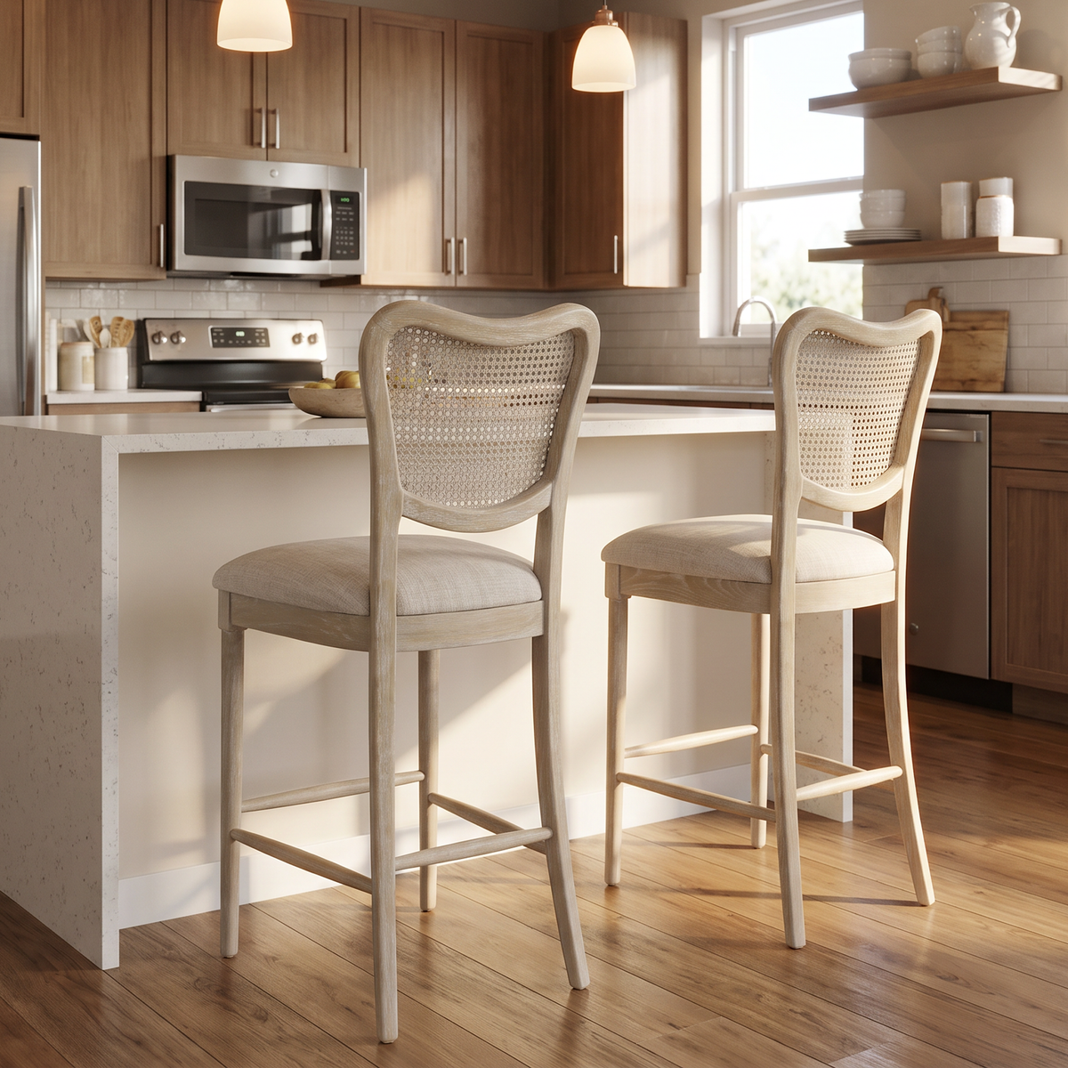 Homy Casa EIKKI 2PC 30" Grey French Country Cane Back Bar Stools with Distressed Wood Finish Open Box