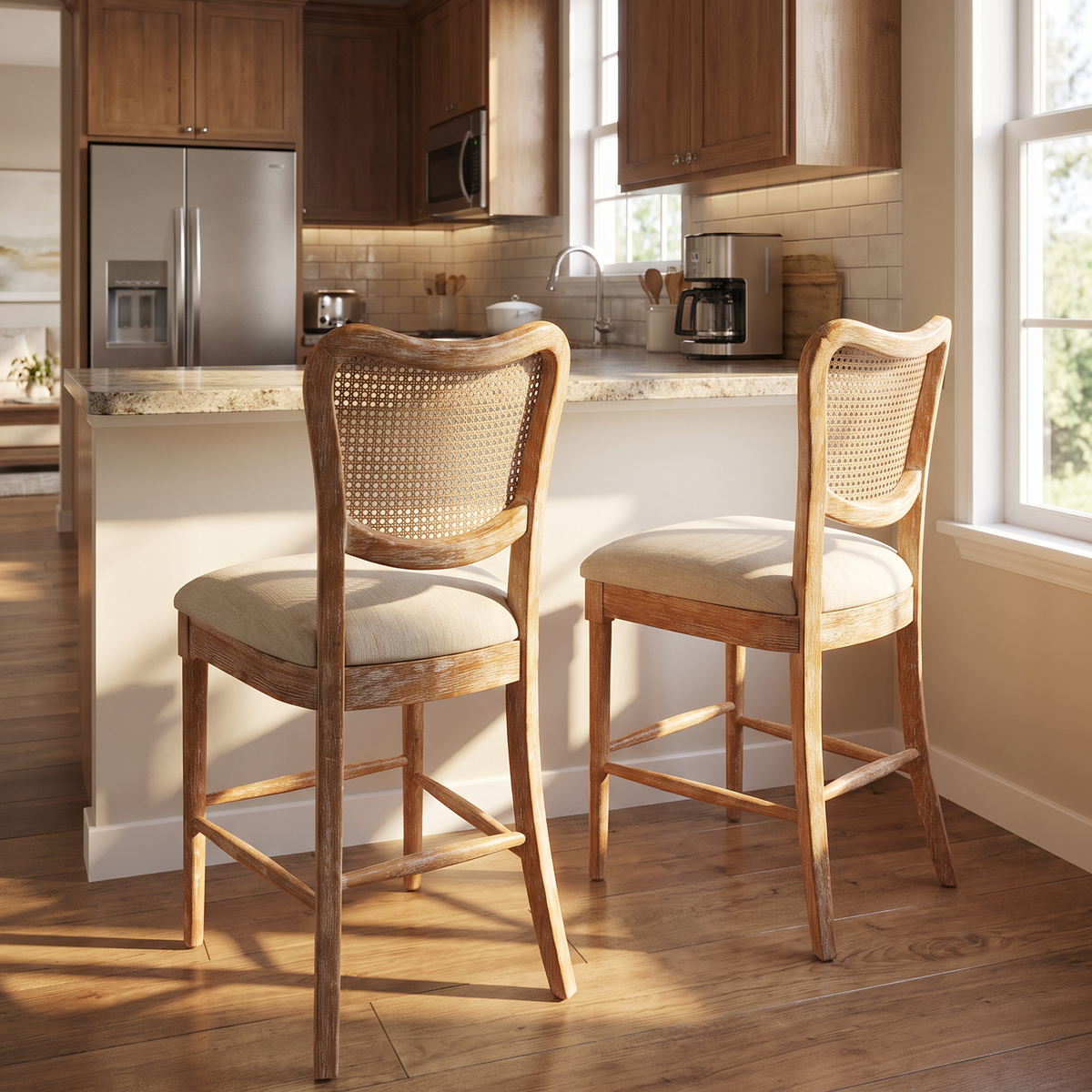 Homy Casa EIKKI 2PC Counter Stools, French Country Cane Back, Distressed Wood, Open Box
