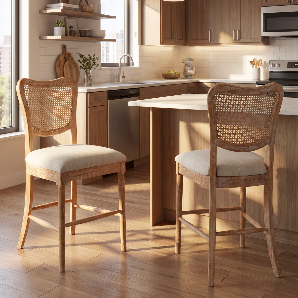 Homy Casa EIKKI 2PC Counter Stools, French Country Cane Back, Distressed Wood, Open Box