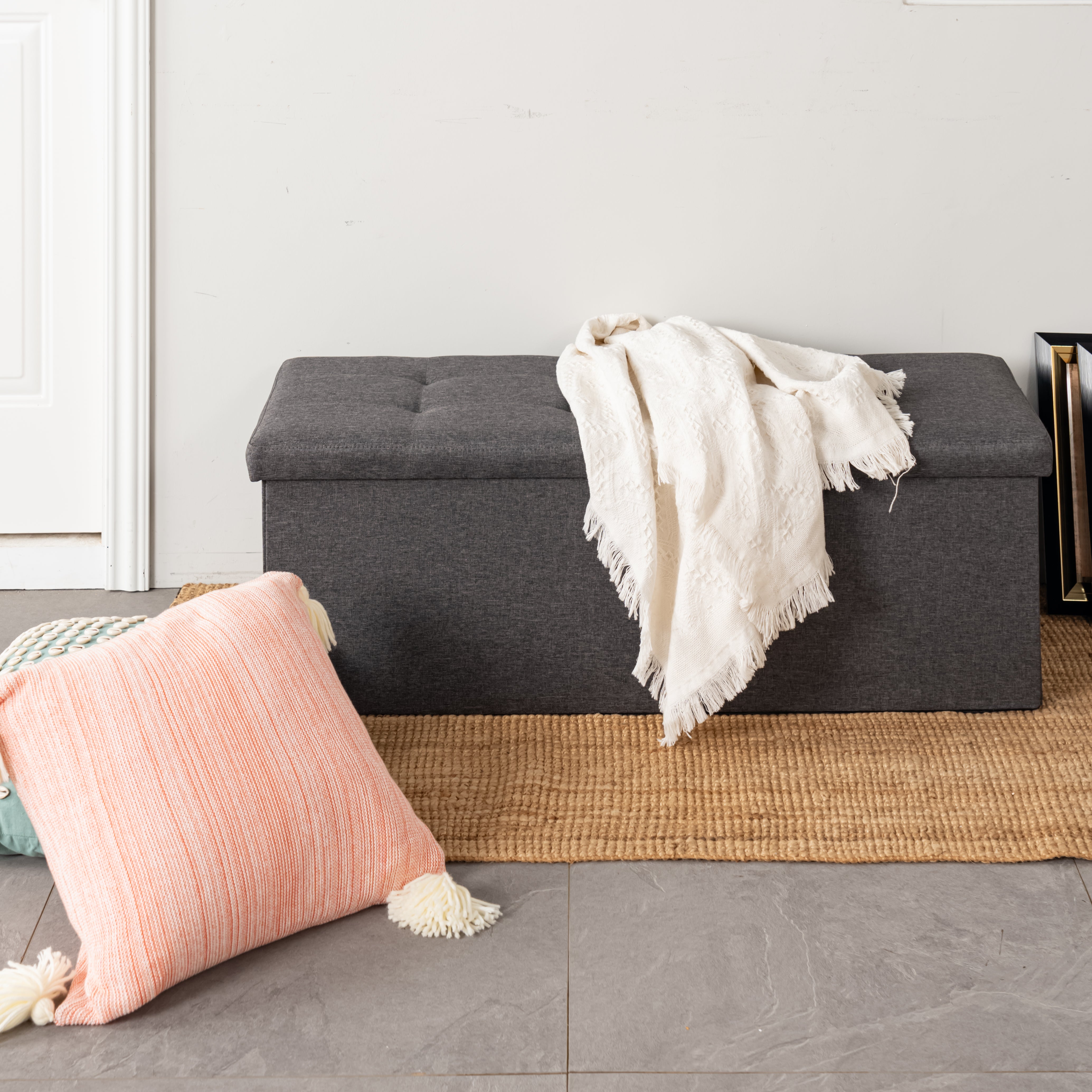 Homy Casa ELGA 3 Seater Grey "43.3" Upholstered Storage Bench Ottoman for Living Room, Bedroom, Entryway