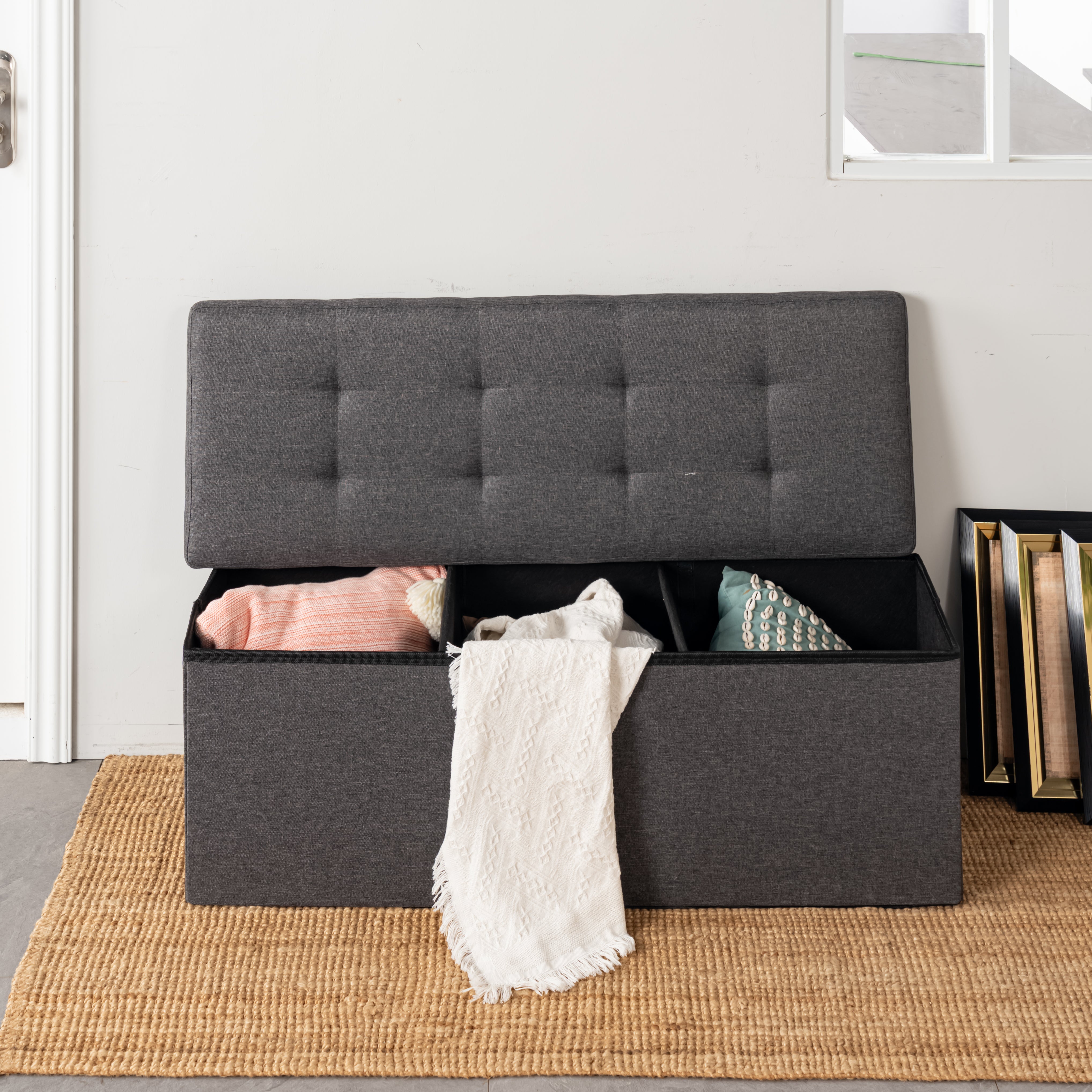 Homy Casa ELGA 3 Seater Grey "43.3" Upholstered Storage Bench Ottoman for Living Room, Bedroom, Entryway