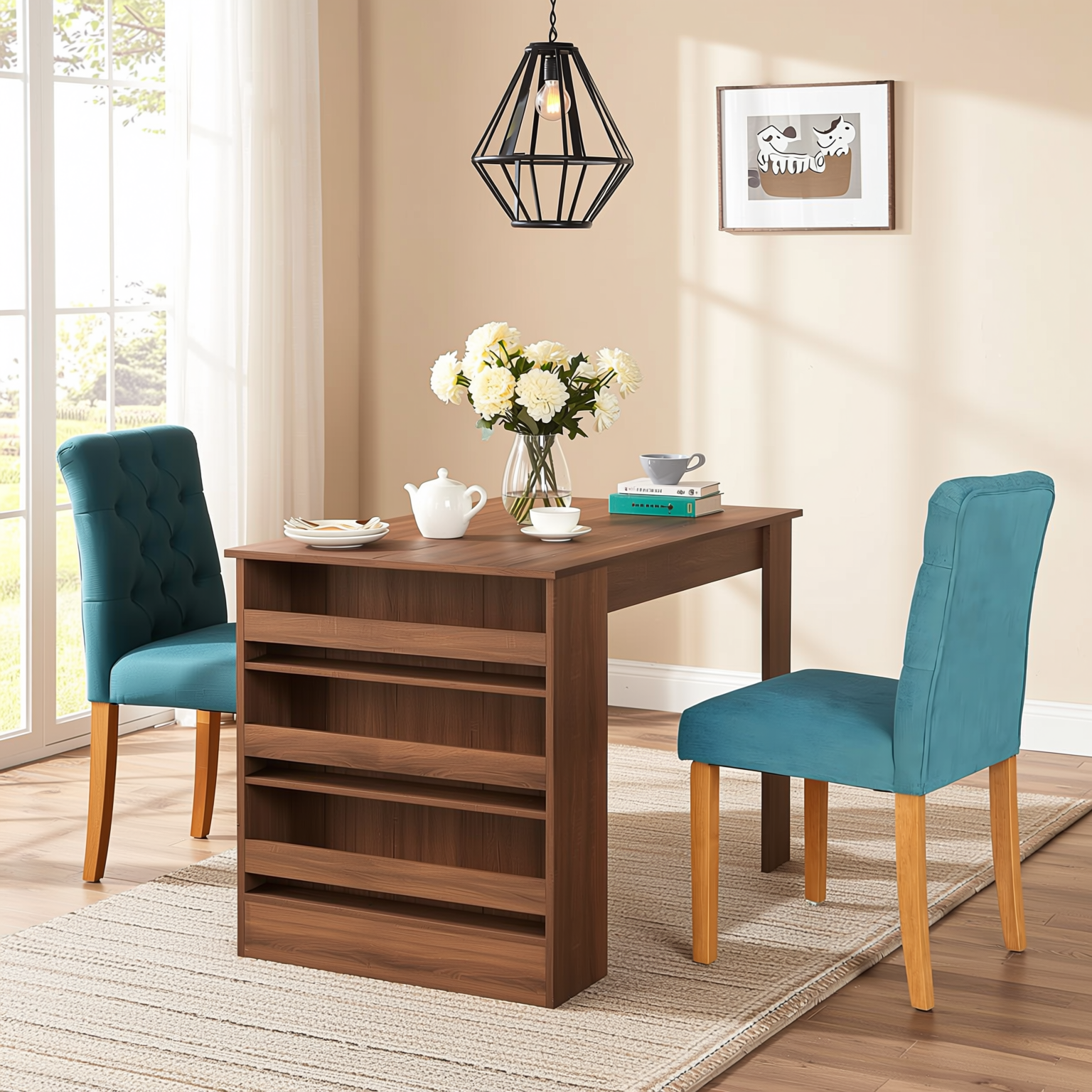 Homy Casa ELROY+LUCETTA 3PC Dining Set with Brown Table and 2 LUCETTA Green Dining Chairs Open Box