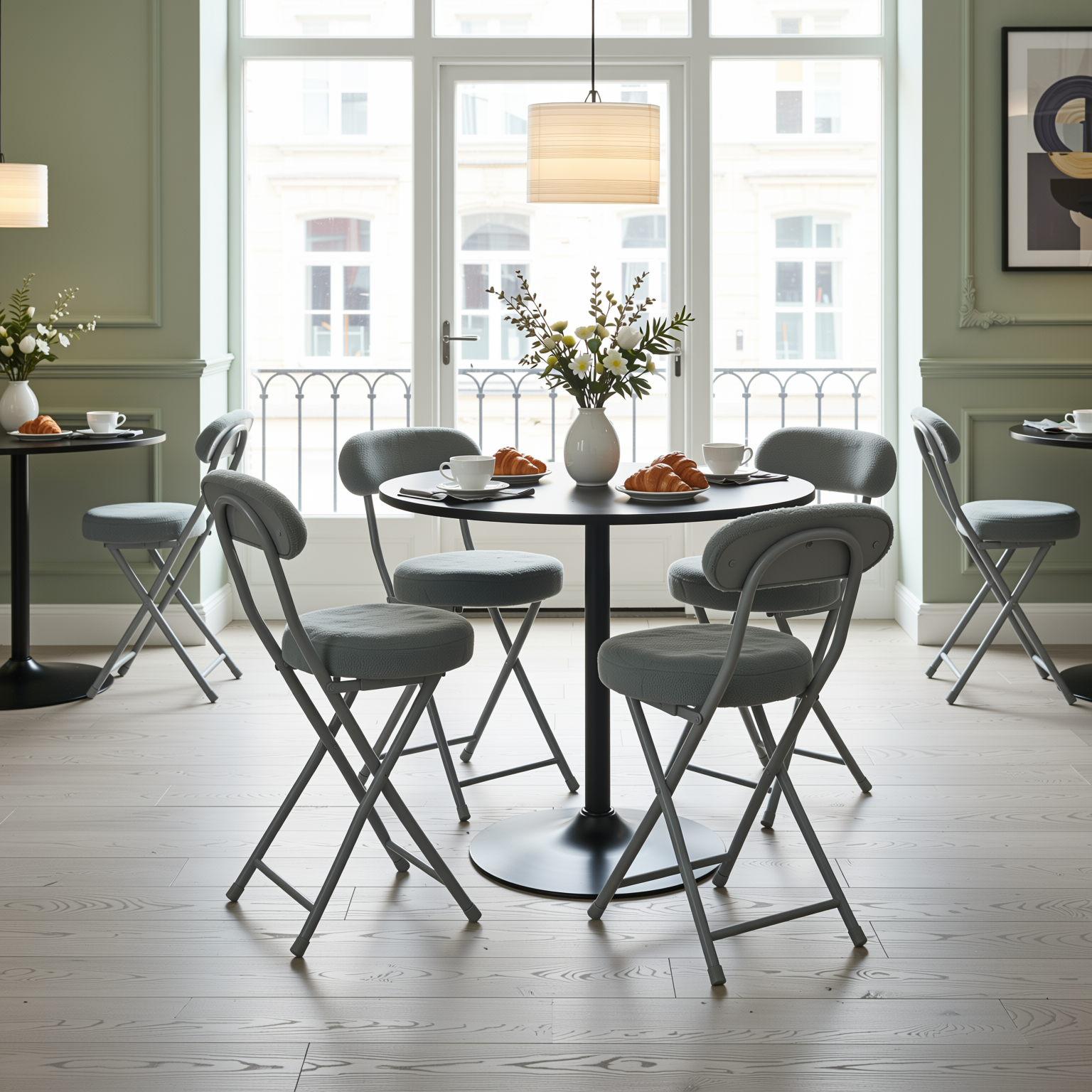 Homy Casa Clift 5PC Dining Set 31.5” Round Black Table with 4 Ernst Faux Fur Upholstered Folding Chairs Padded Seat in Grey