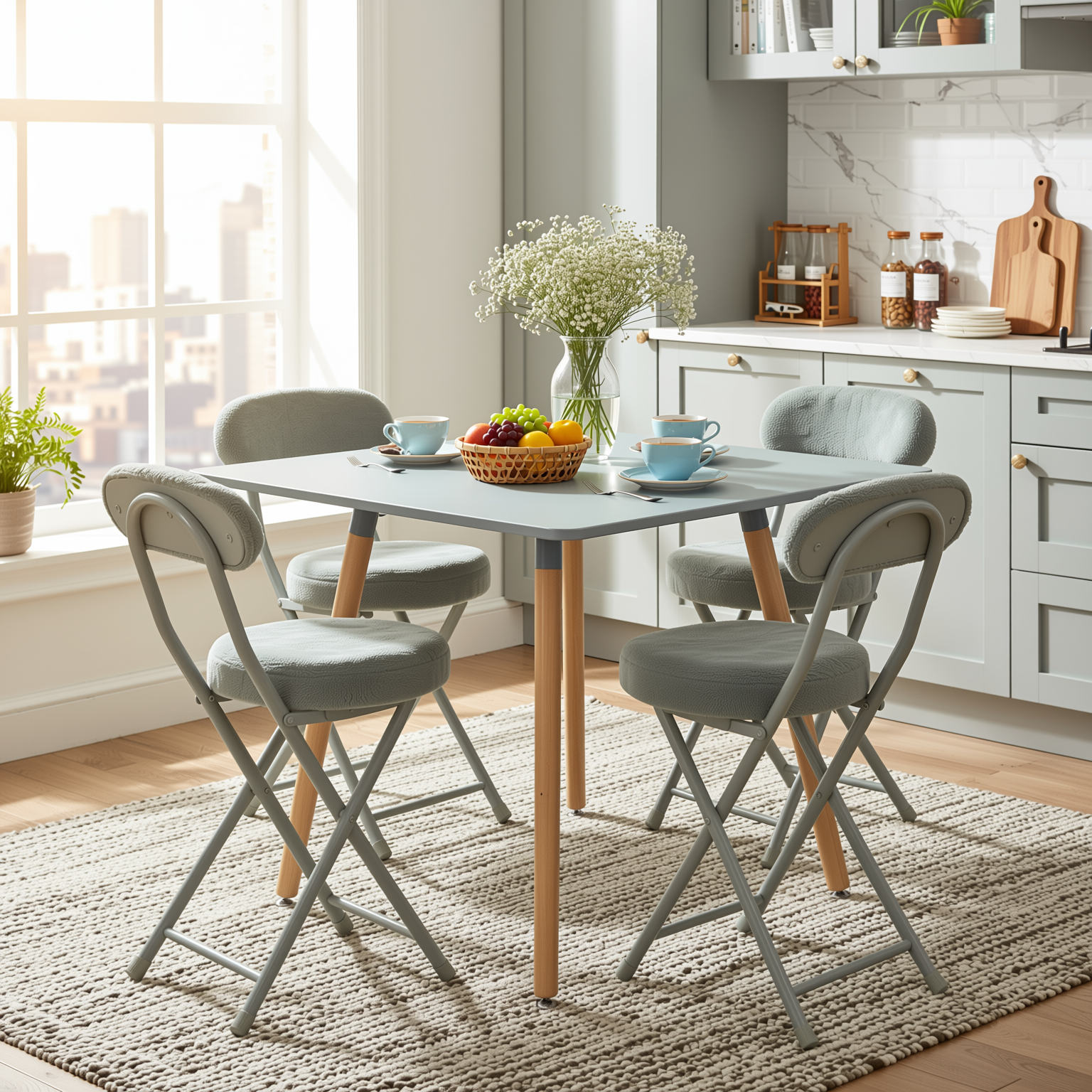 Homy Casa Ernst 4PC Faux Fur Upholstered Folding Chair Padded Seat Space Saving Foldable Accent Chair, Grey