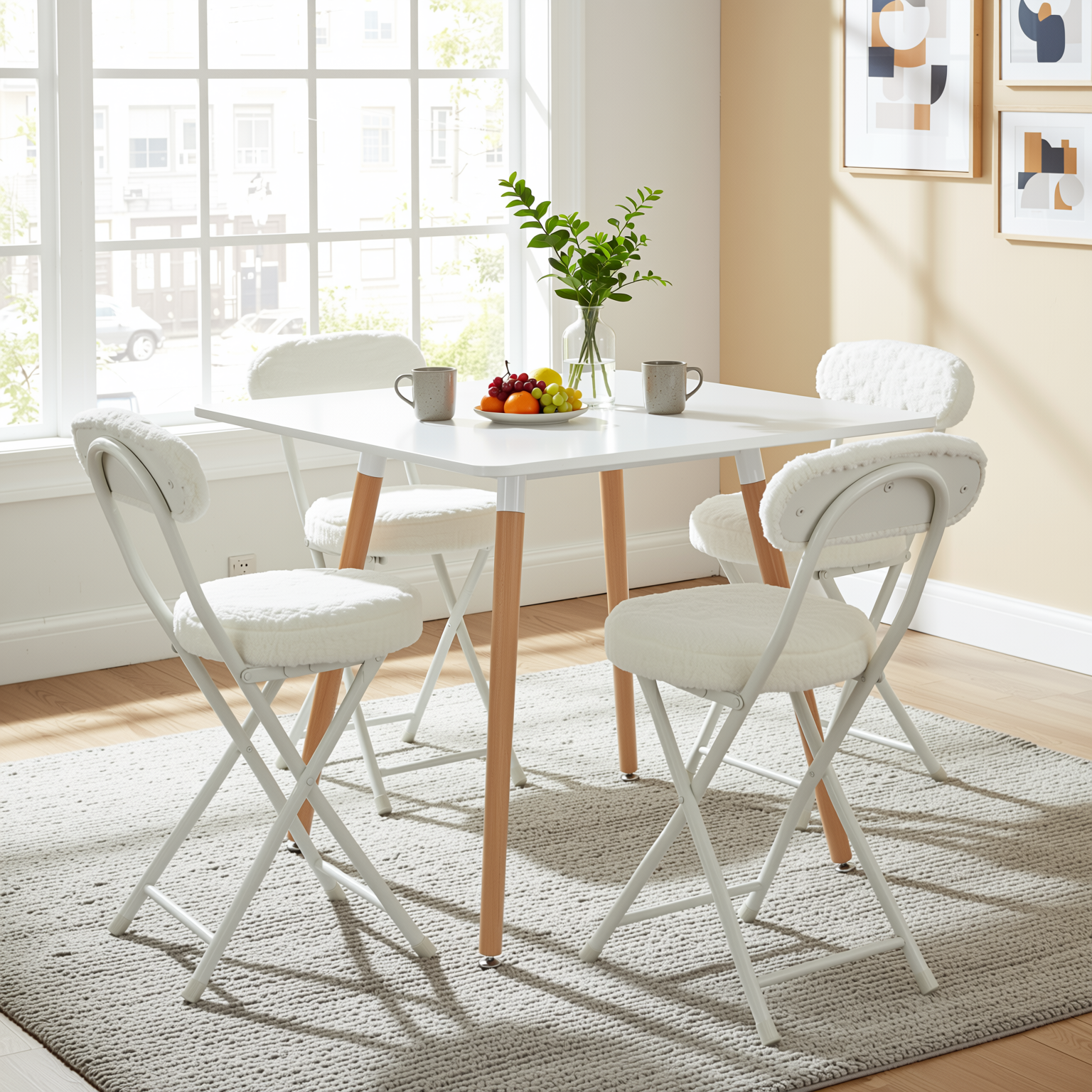 Homy Casa Ernst 4PC Faux Fur Upholstered Folding Chair Padded Seat Space Saving Foldable Accent Chair, Beige