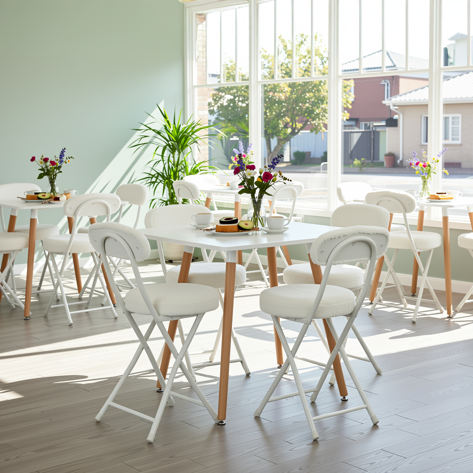 Homy Casa Rookie 5PC Dining Set 31.5” Square Grey Table with 4 Ernst Faux Fur Upholstered Folding Chairs Padded Seat in White
