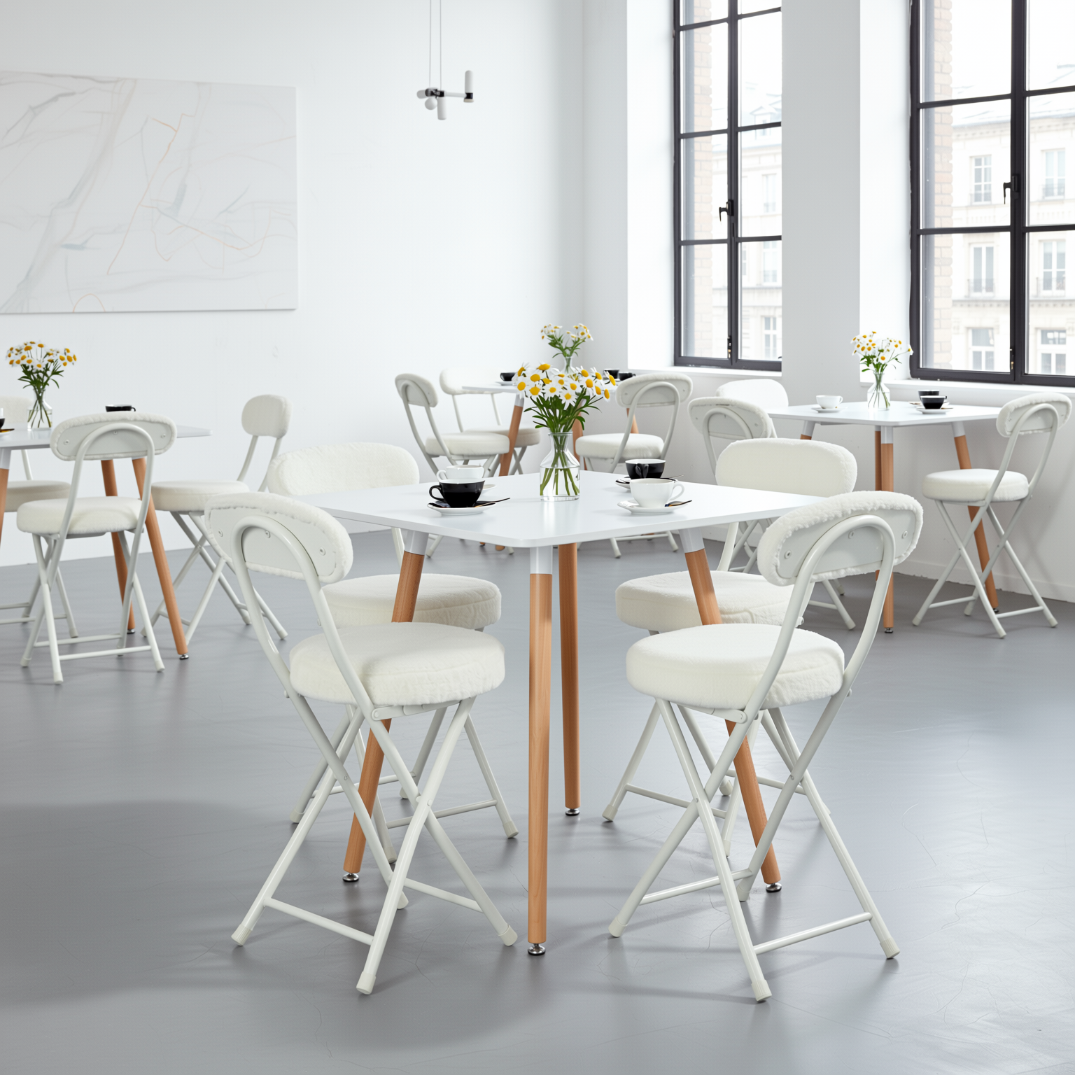 Homy Casa Rookie 5PC Dining Set 31.5” Square Grey Table with 4 Ernst Faux Fur Upholstered Folding Chairs Padded Seat in White