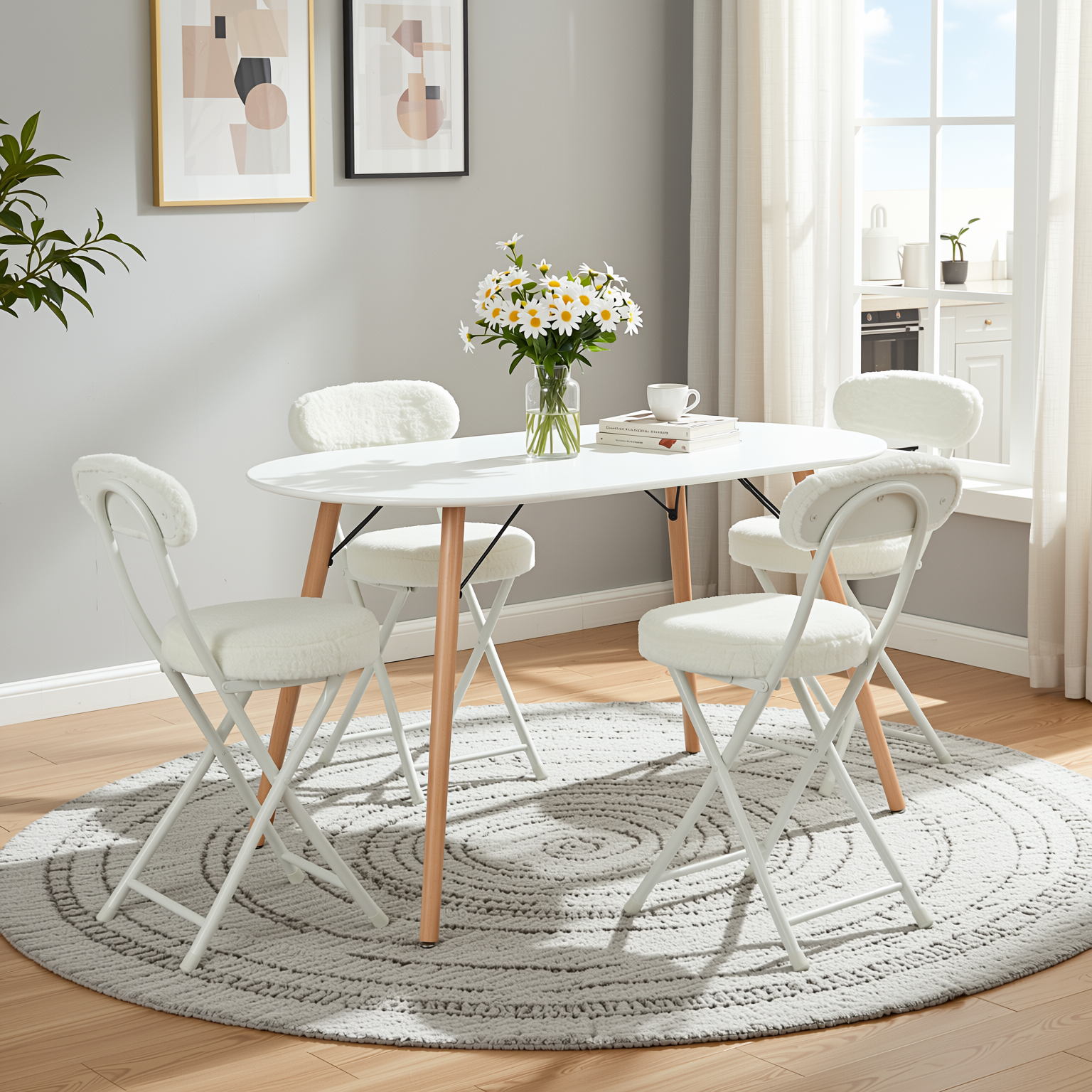 Homy Casa Ernst 4PC Faux Fur Upholstered Folding Chair Padded Seat Space Saving Foldable Accent Chair, Beige