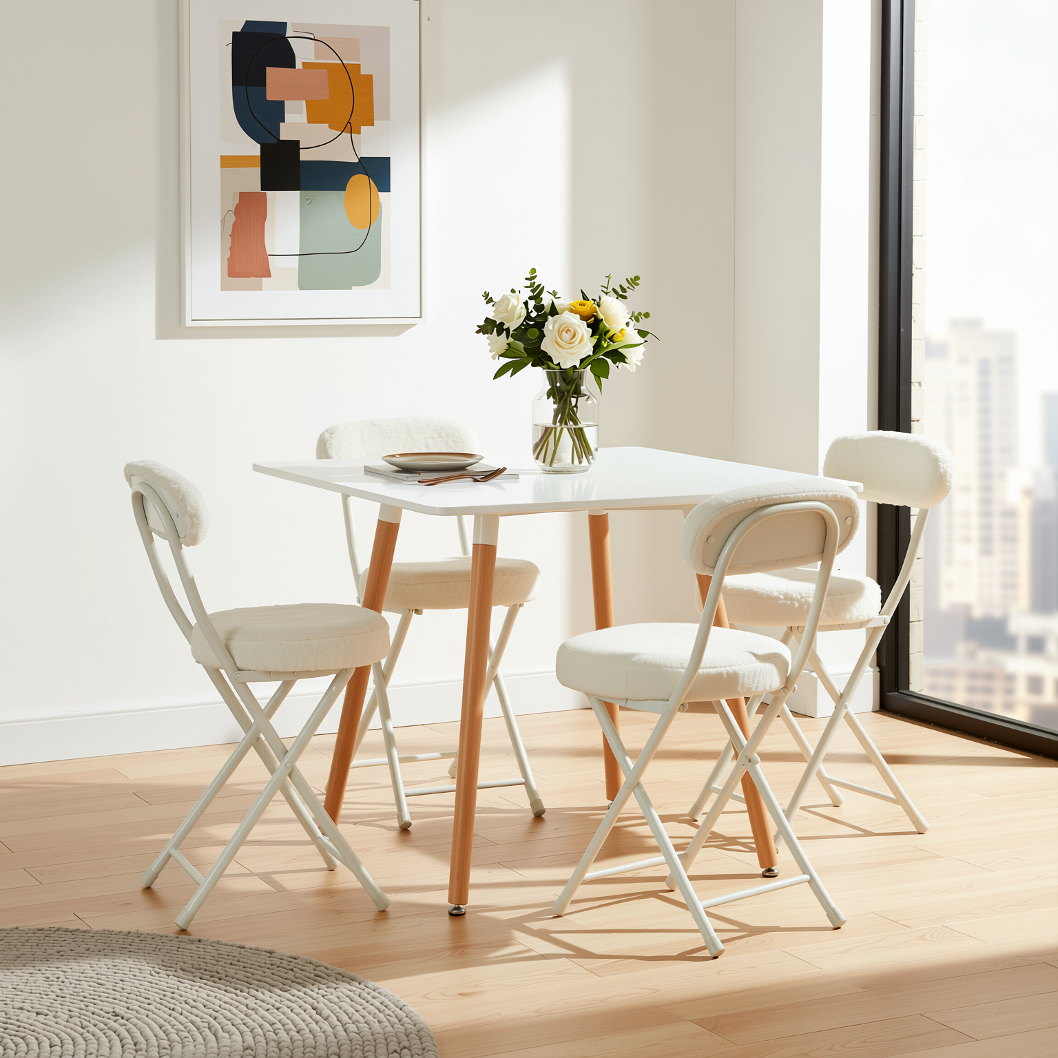 Homy Casa Rookie 5PC Dining Set 31.5” Square Grey Table with 4 Ernst Faux Fur Upholstered Folding Chairs Padded Seat in White