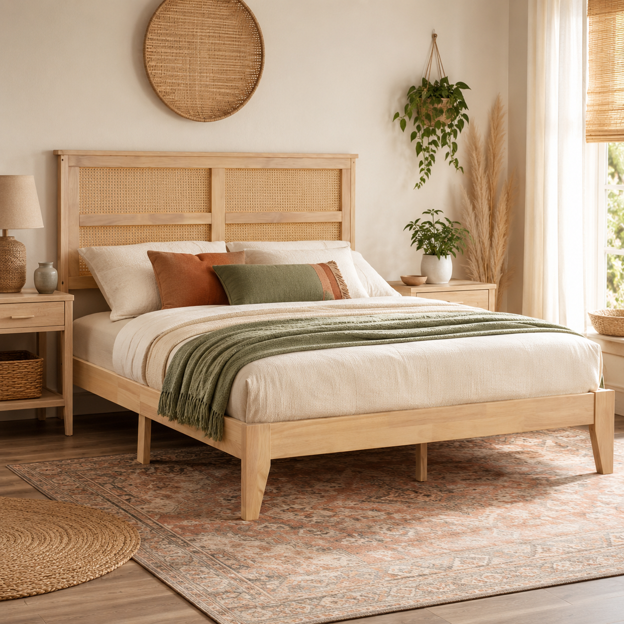 Elara Rubberwood Full Size Bed with Rattan Headboard