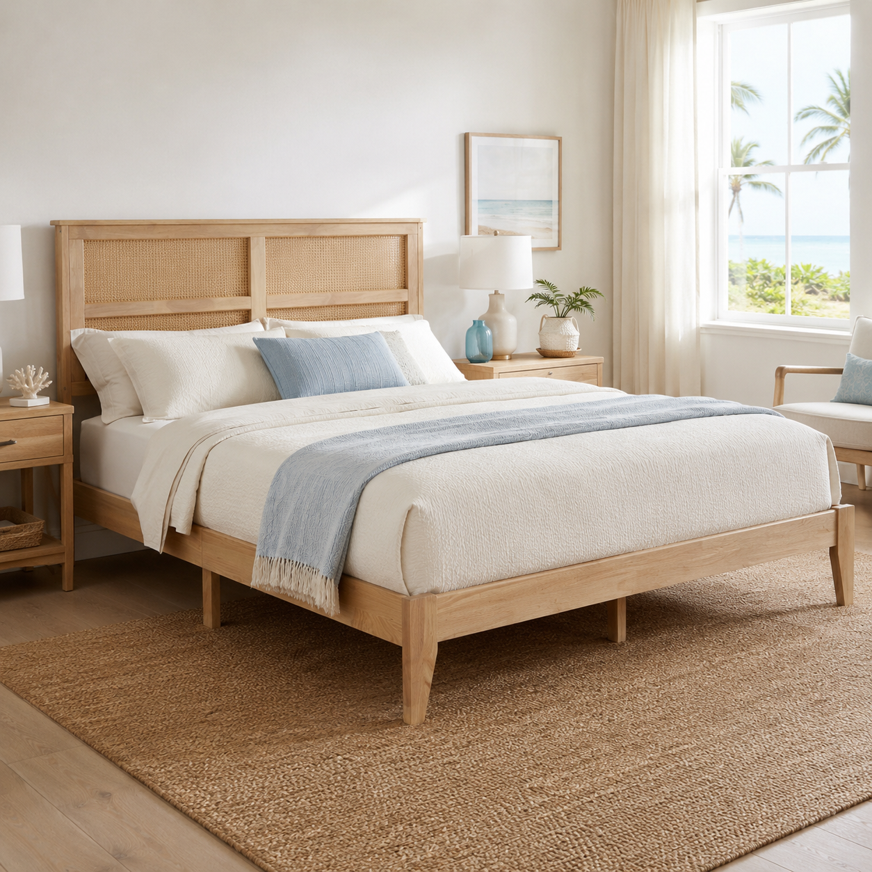 Elara Rubberwood Full Size Bed with Rattan Headboard