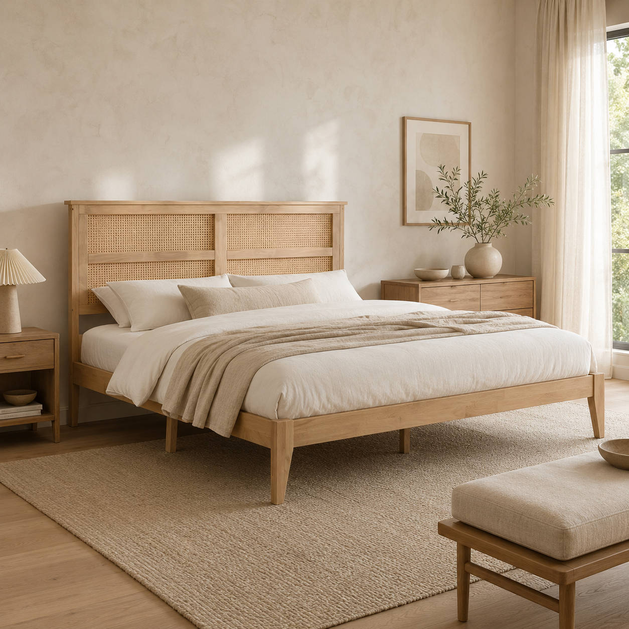 Elara Rubberwood Full Size Bed with Rattan Headboard