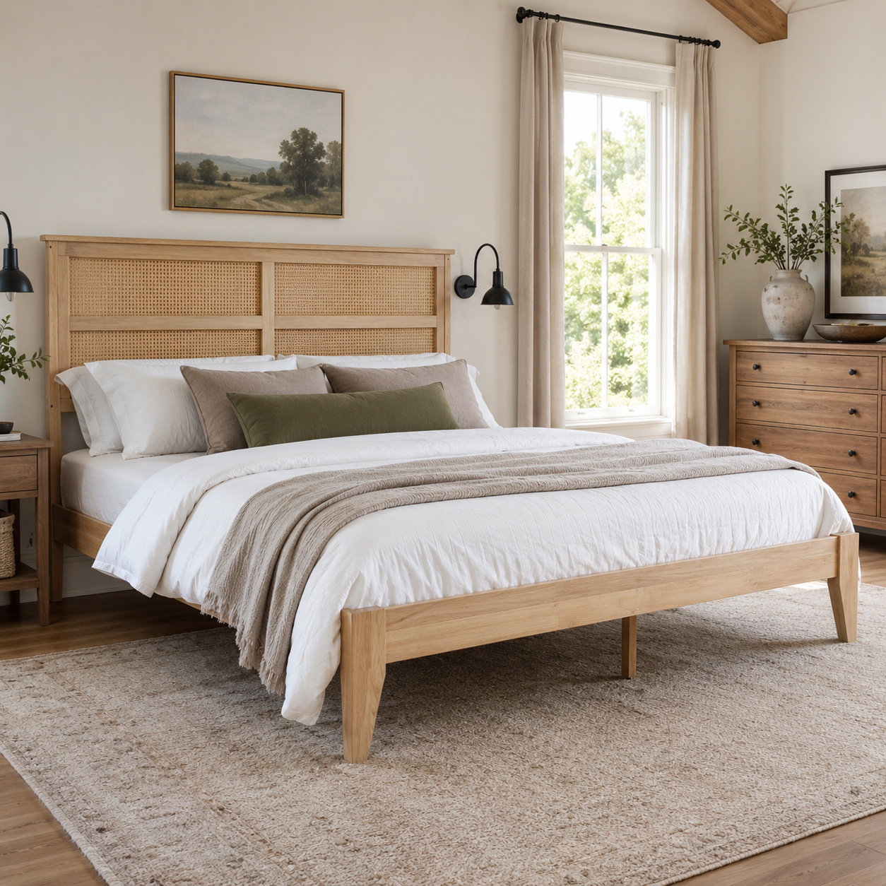 Elara Rubberwood Full Size Bed with Rattan Headboard