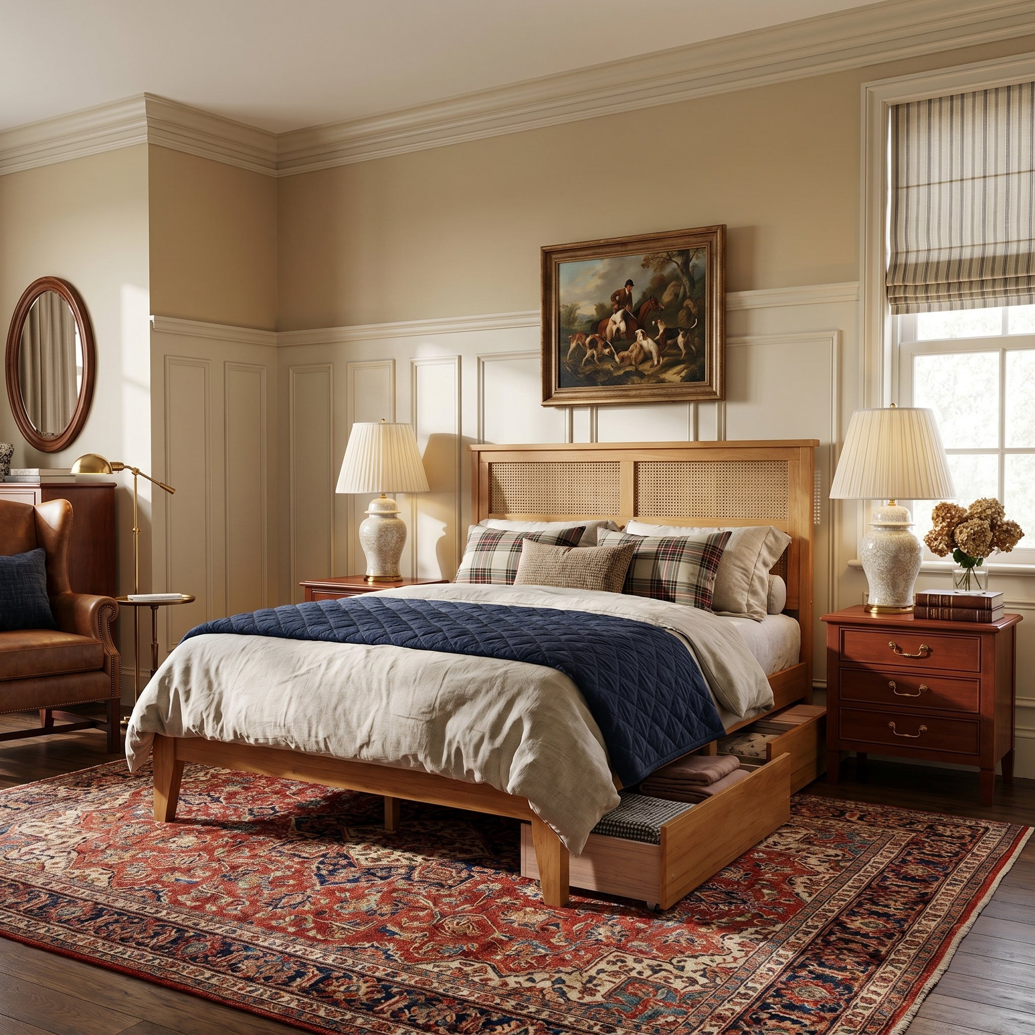 Elara Full Size Solid Rubberwood Bed with Rattan Headboard and 2 Storage Drawers