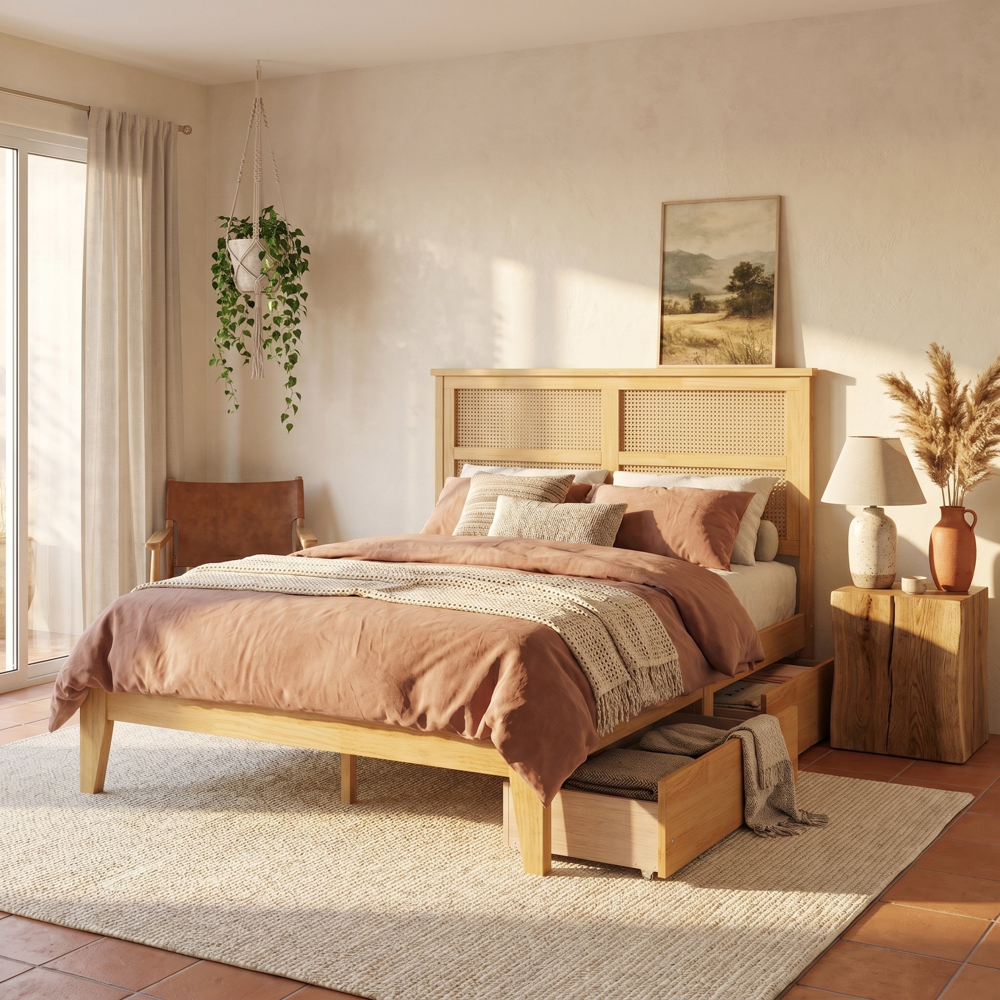 Elara Full Size Solid Rubberwood Bed with Rattan Headboard and 2 Storage Drawers