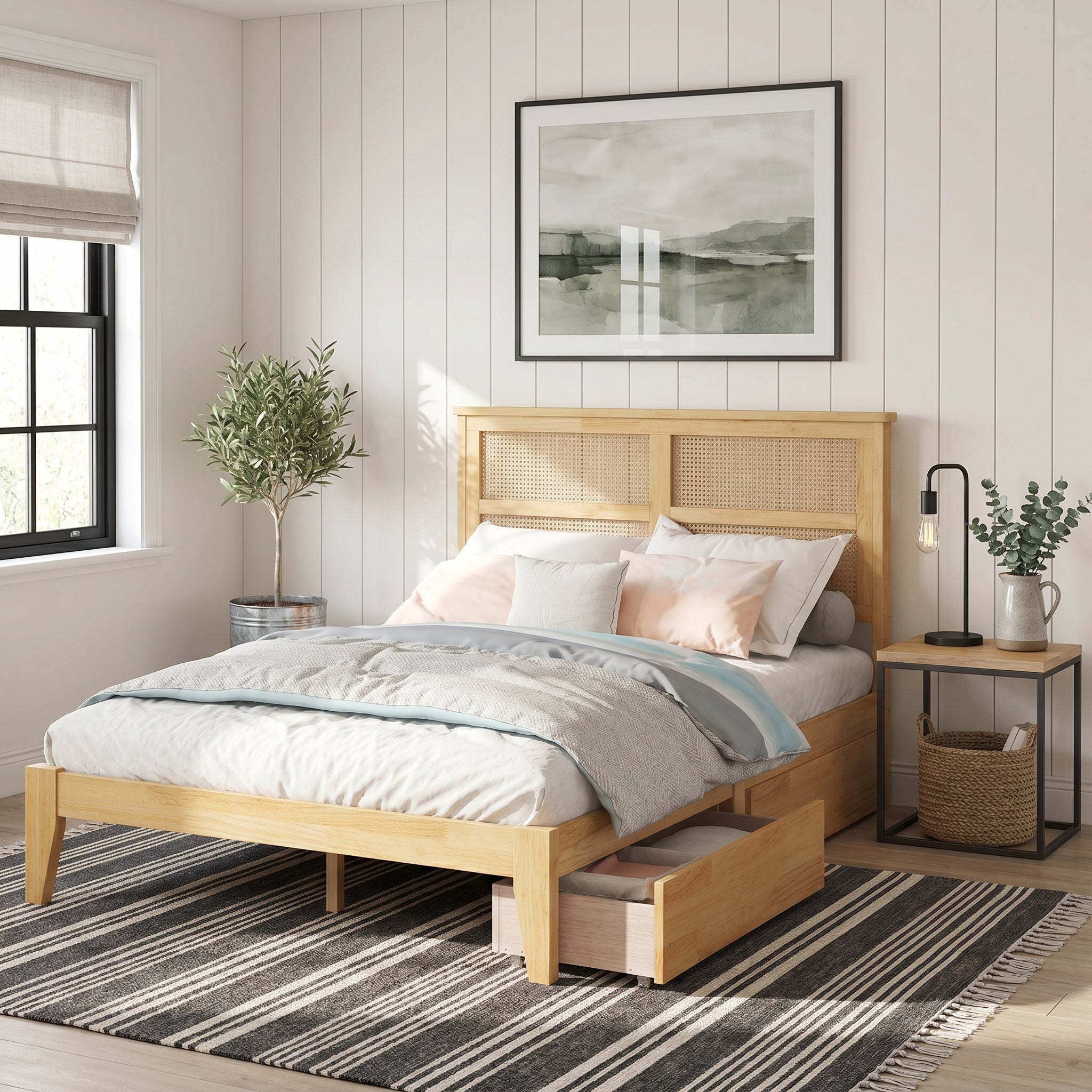 Elara Full Size Solid Rubberwood Bed with Rattan Headboard and 2 Storage Drawers