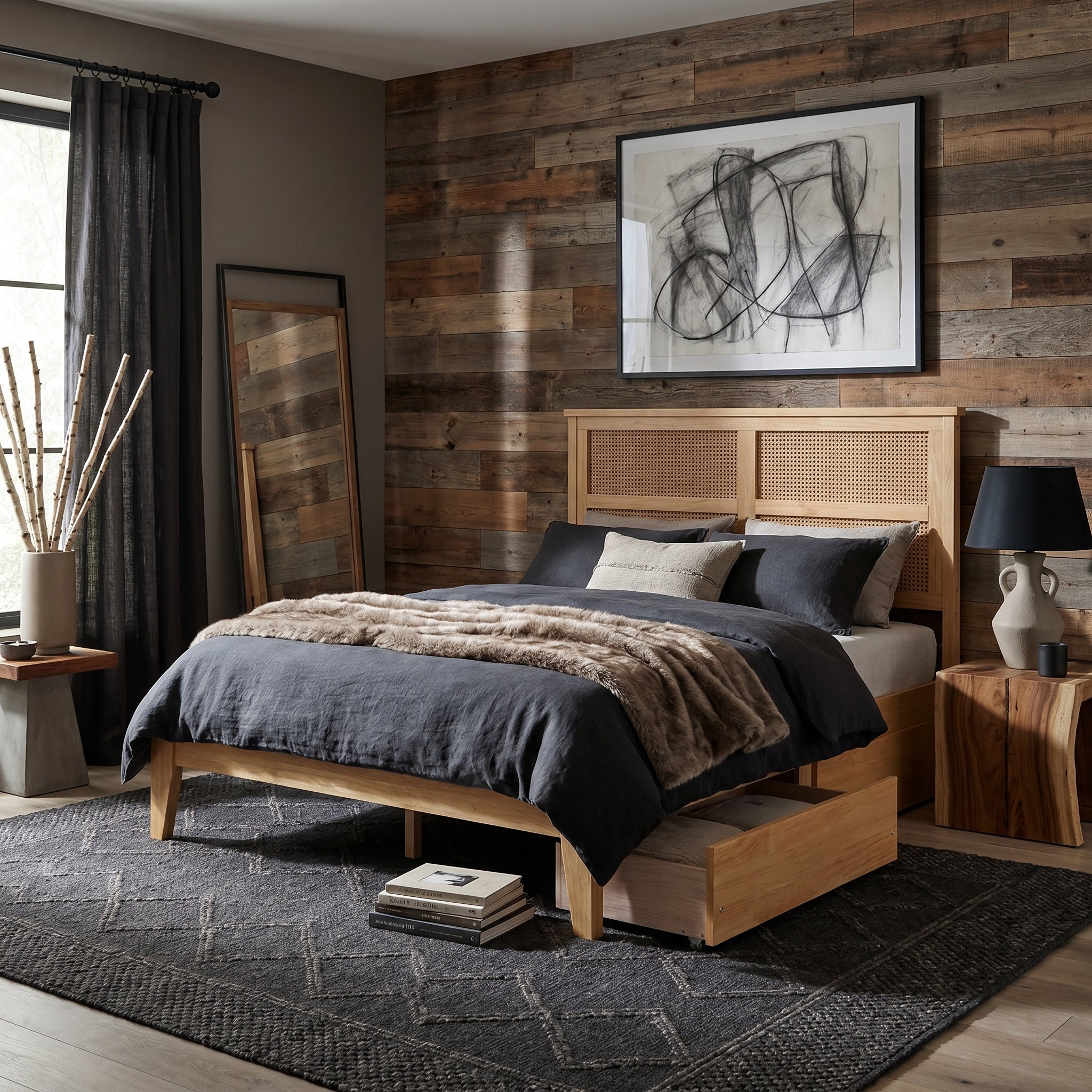 Elara Full Size Solid Rubberwood Bed with Rattan Headboard and 2 Storage Drawers