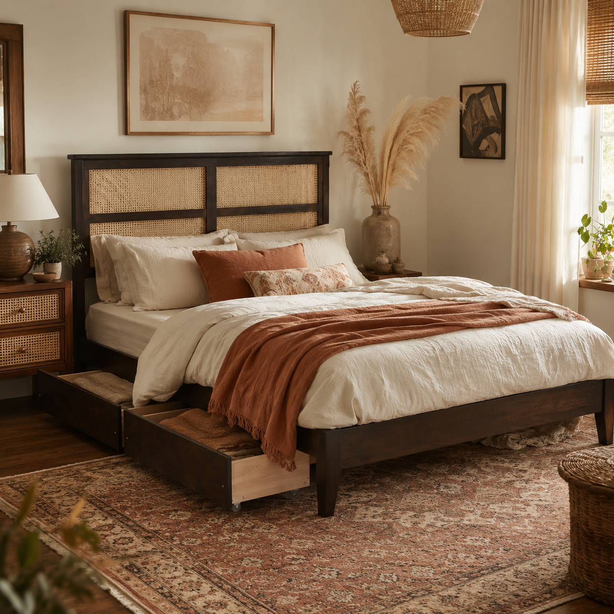 Elara Full Size Solid Rubberwood Bed with Rattan Headboard and 2 Storage Drawers