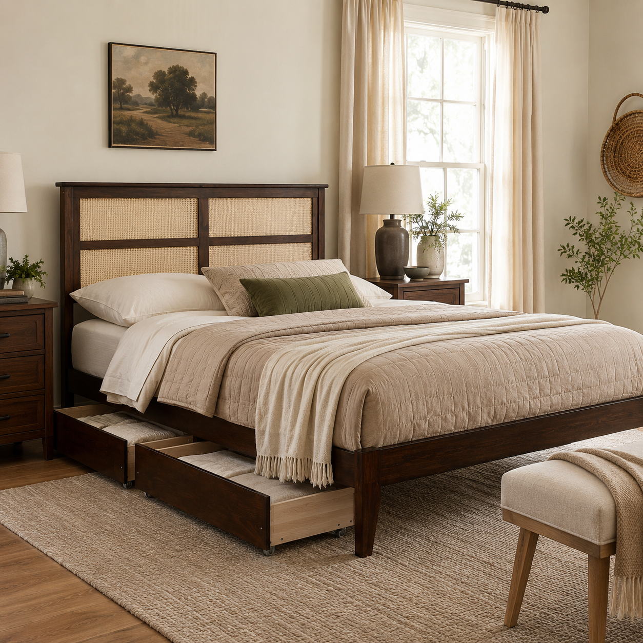 Elara Full Size Solid Rubberwood Bed with Rattan Headboard and 2 Storage Drawers