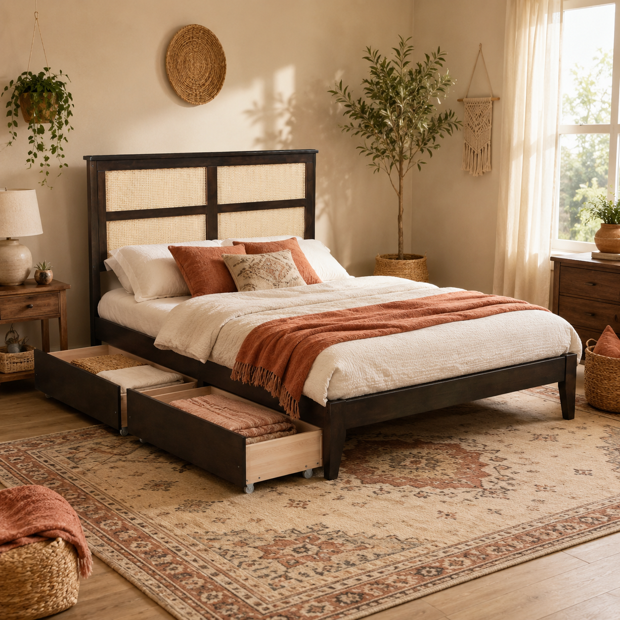 Elara Full Size Solid Rubberwood Bed with Rattan Headboard and 2 Storage Drawers