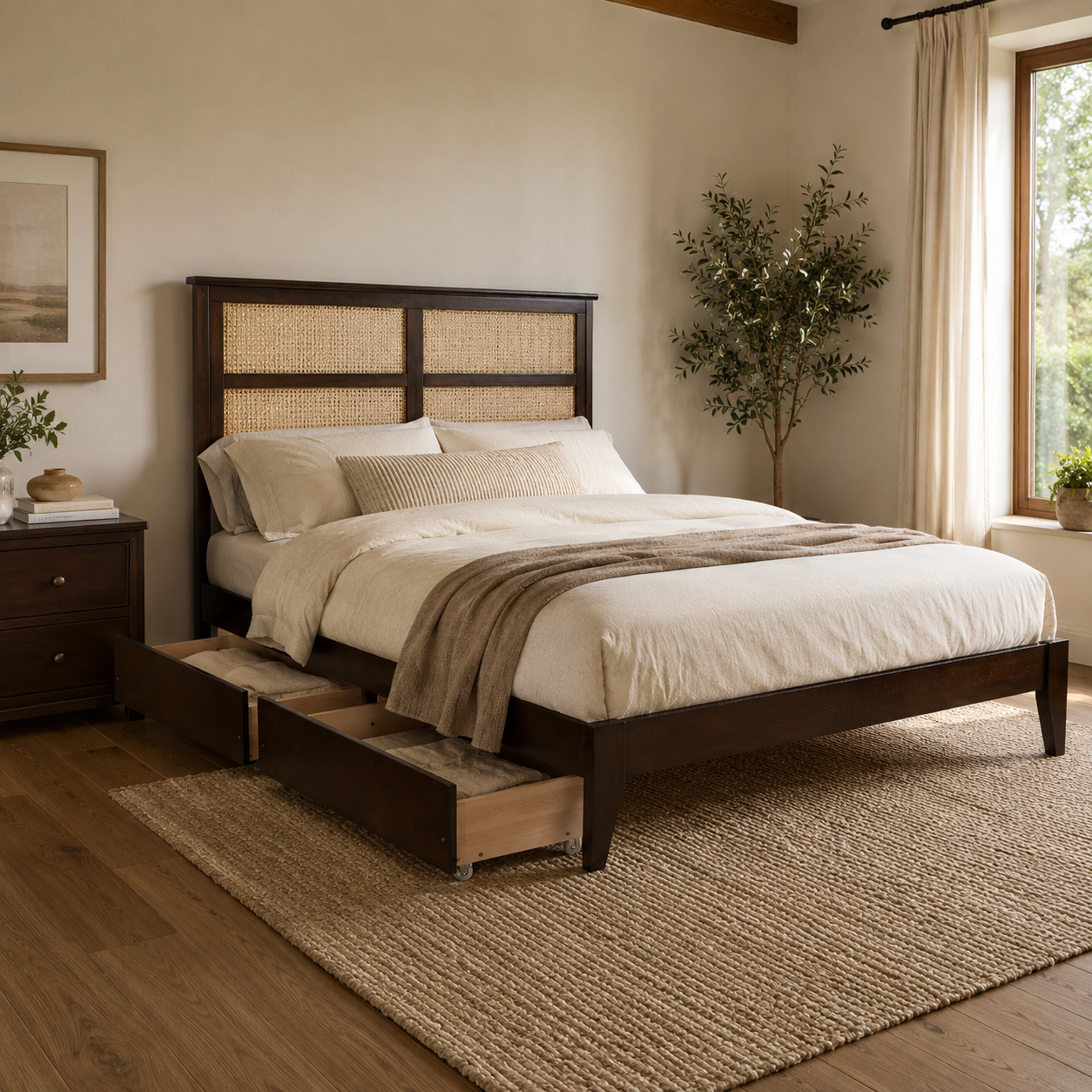 Elara Full Size Solid Rubberwood Bed with Rattan Headboard and 2 Storage Drawers