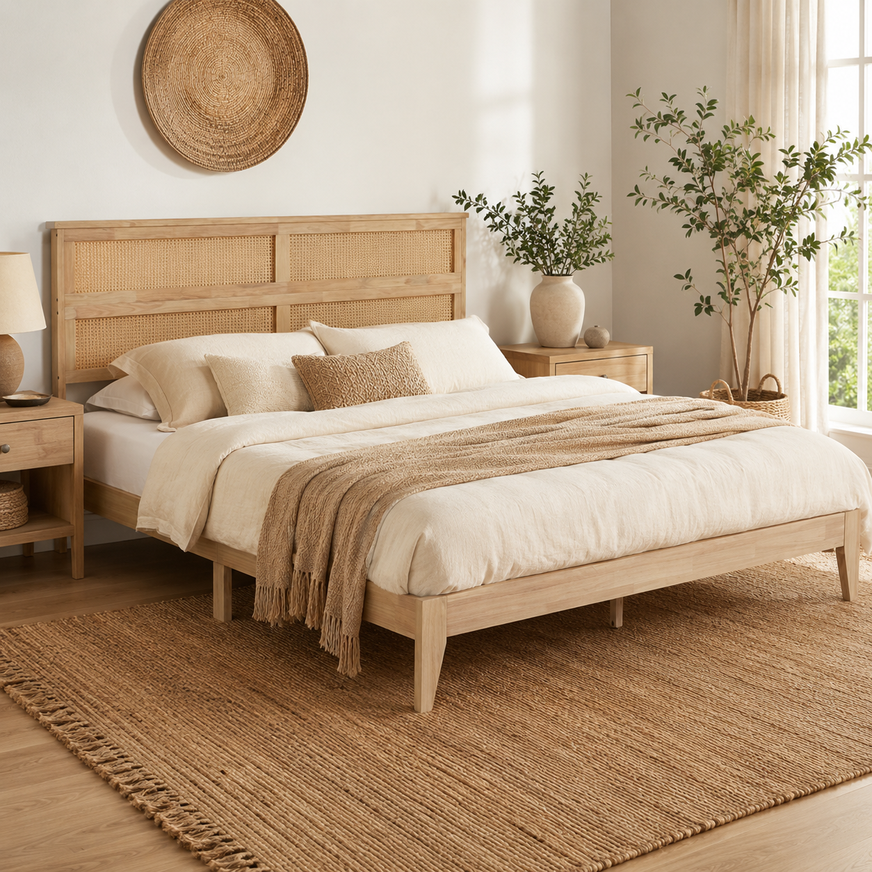 Elara Rubberwood King Size Bed with Rattan Headboard