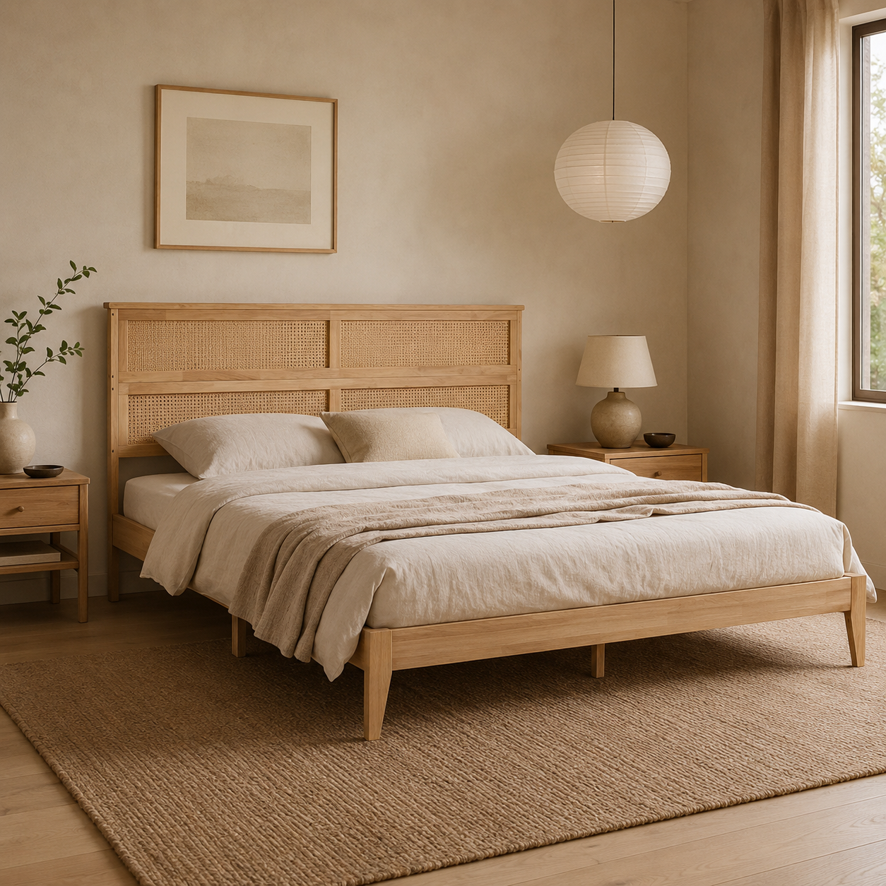 Elara Rubberwood King Size Bed with Rattan Headboard