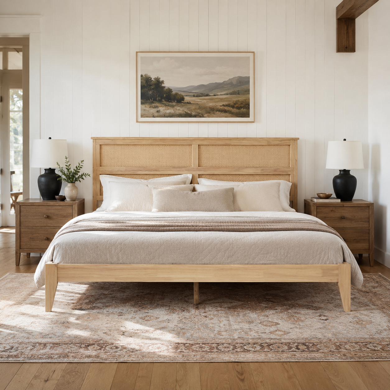 Elara Rubberwood King Size Bed with Rattan Headboard