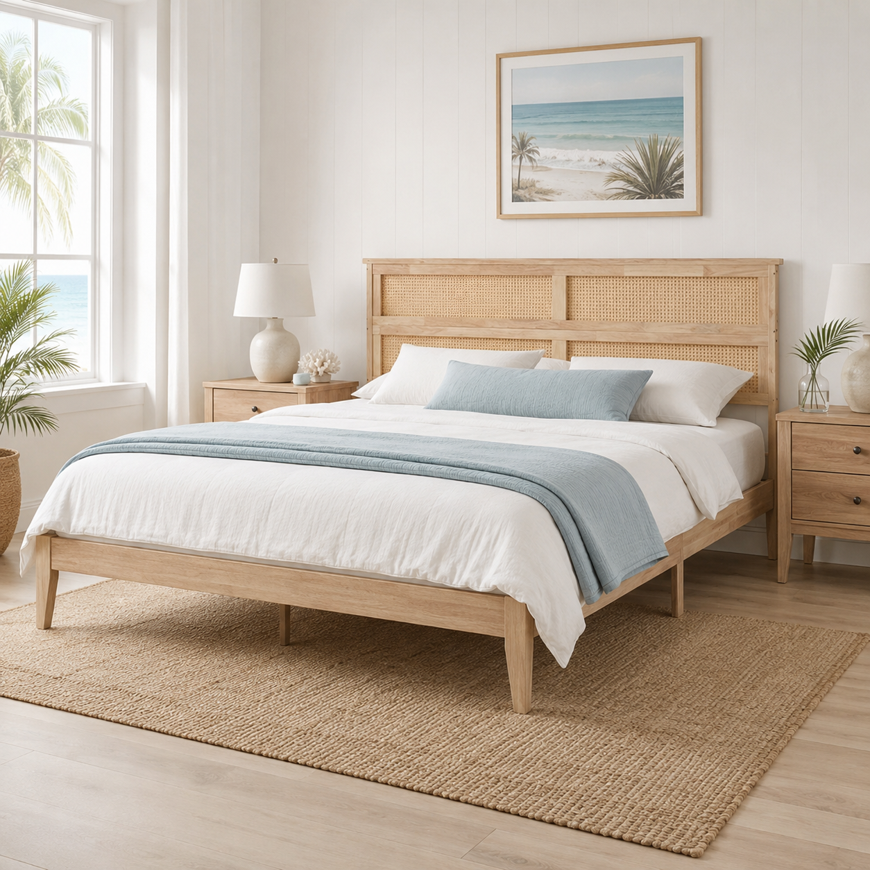 Elara Rubberwood King Size Bed with Rattan Headboard