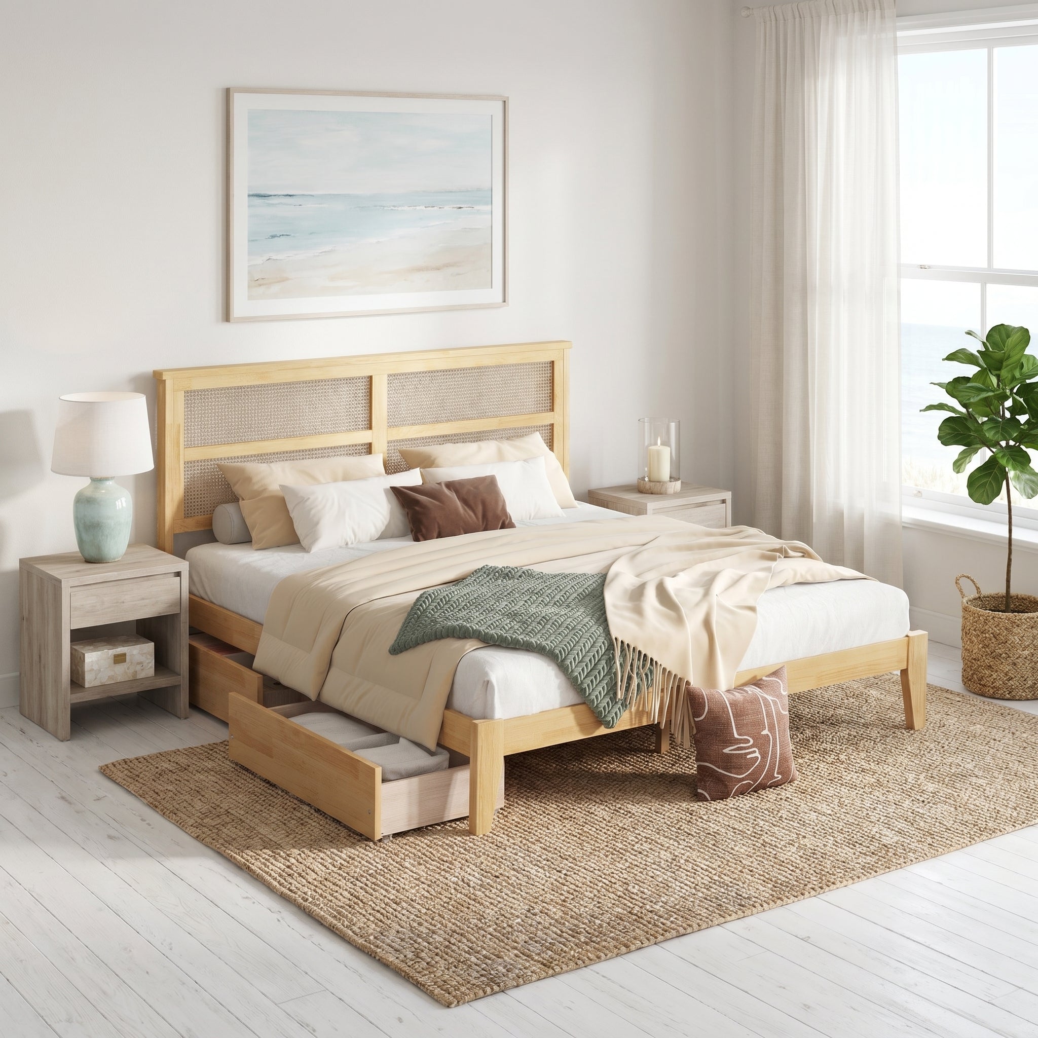 Elara King Solid Rubberwood Bed with Rattan Headboard and 2 Storage Drawers