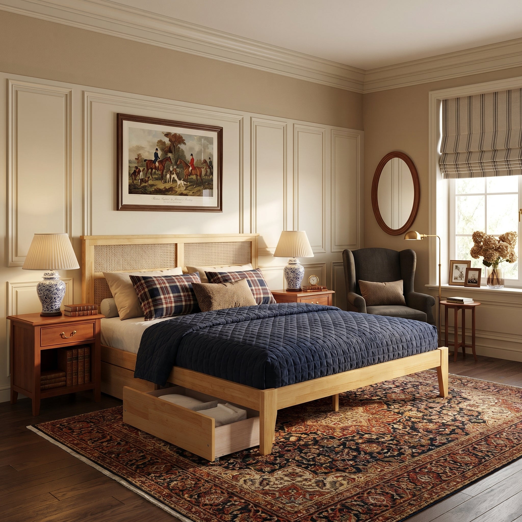Elara King Solid Rubberwood Bed with Rattan Headboard and 2 Storage Drawers