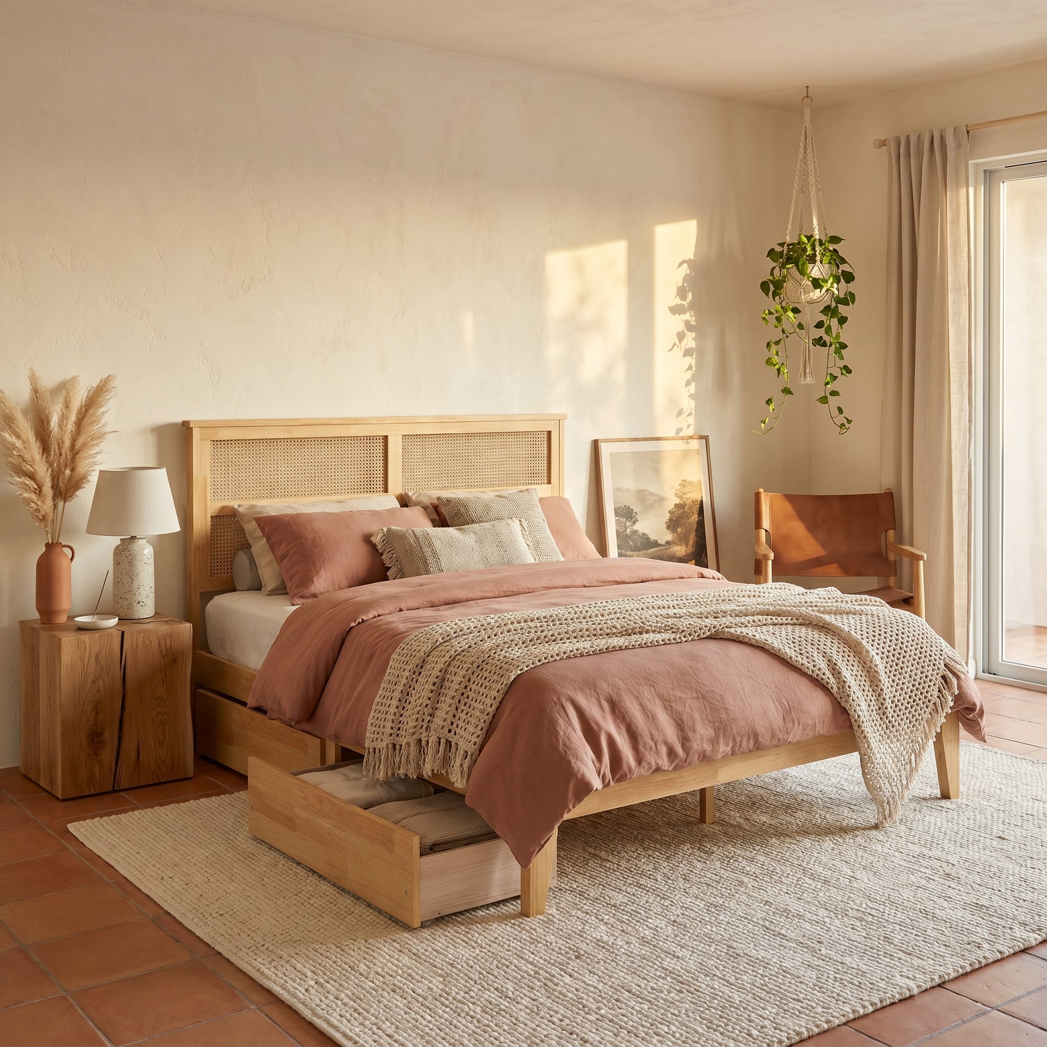 Elara King Solid Rubberwood Bed with Rattan Headboard and 2 Storage Drawers