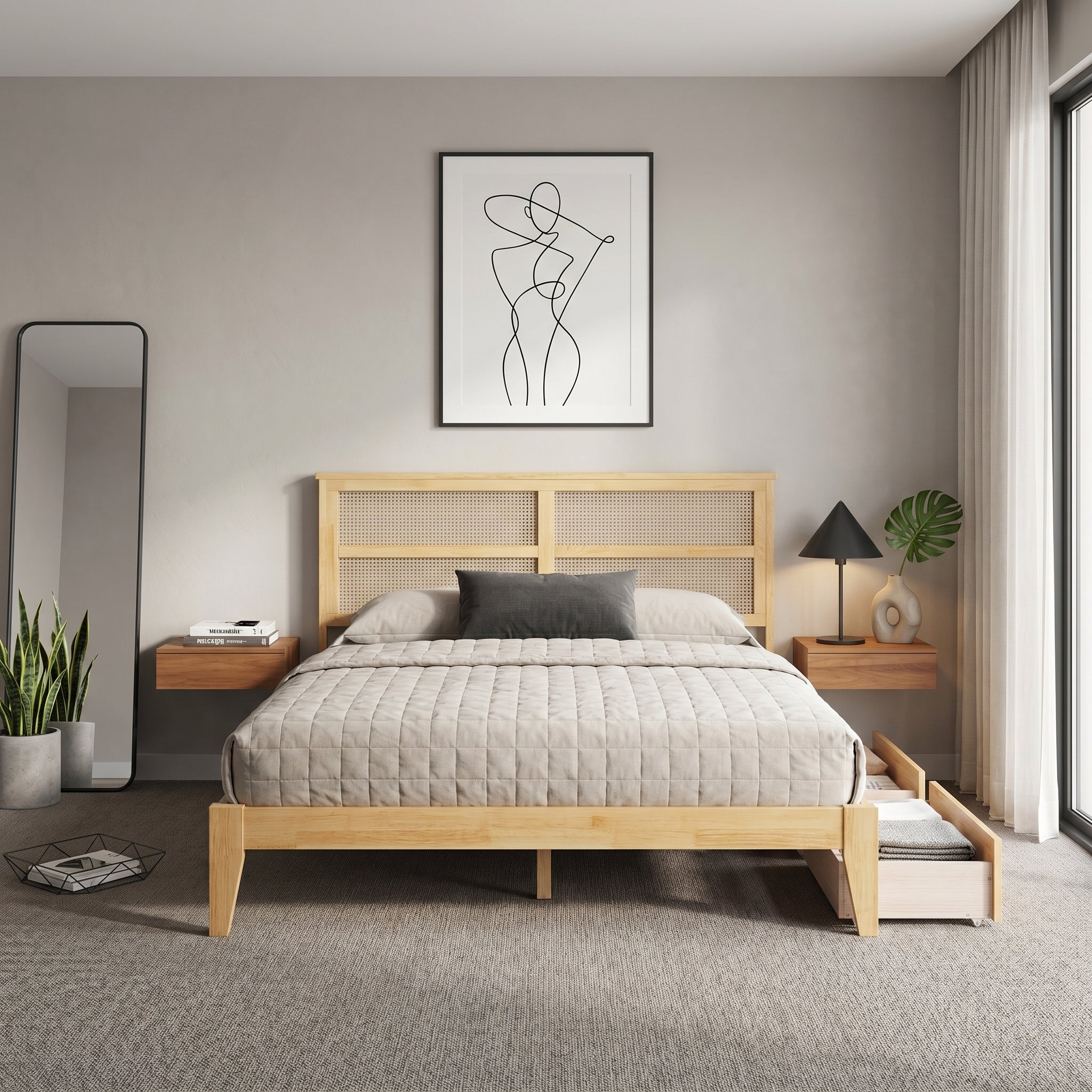 Elara King Solid Rubberwood Bed with Rattan Headboard and 2 Storage Drawers
