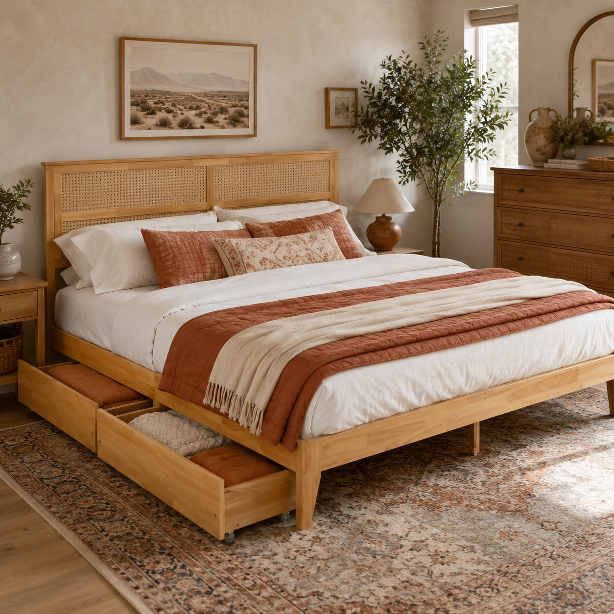 Elara King Solid Rubberwood Bed with Rattan Headboard and 2 Storage Drawers