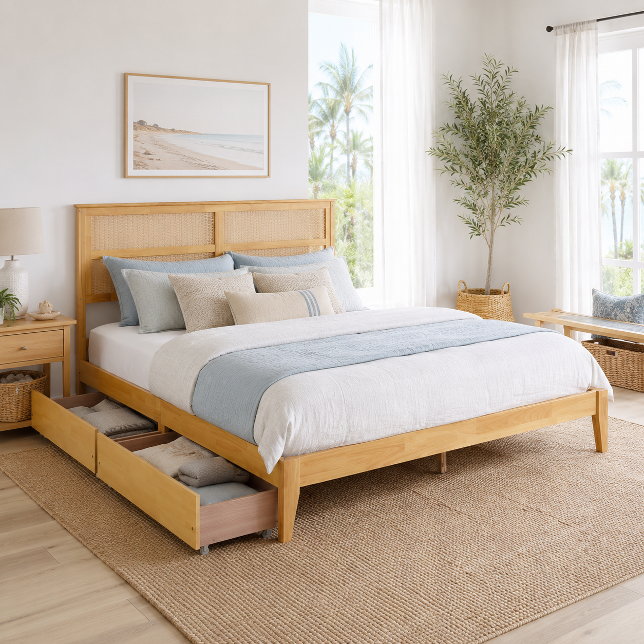 Elara King Solid Rubberwood Bed with Rattan Headboard and 2 Storage Drawers