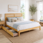 Elara King Solid Rubberwood Bed with Rattan Headboard and 2 Storage Drawers