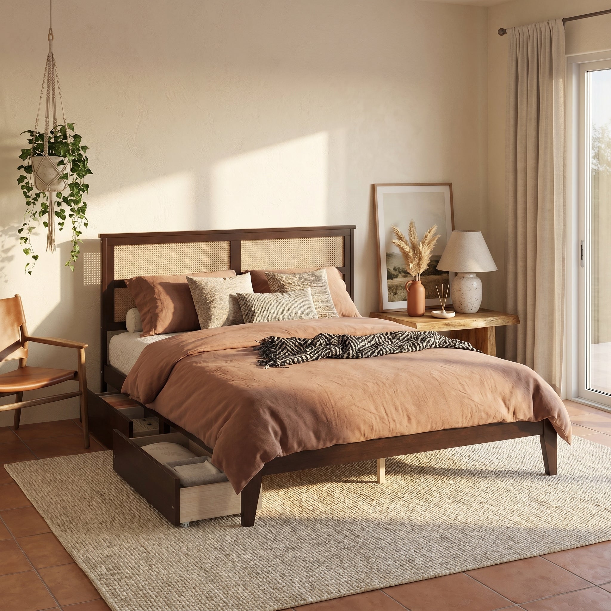 Elara King Solid Rubberwood Bed with Rattan Headboard and 2 Storage Drawers