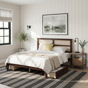Elara King Solid Rubberwood Bed with Rattan Headboard and 2 Storage Drawers