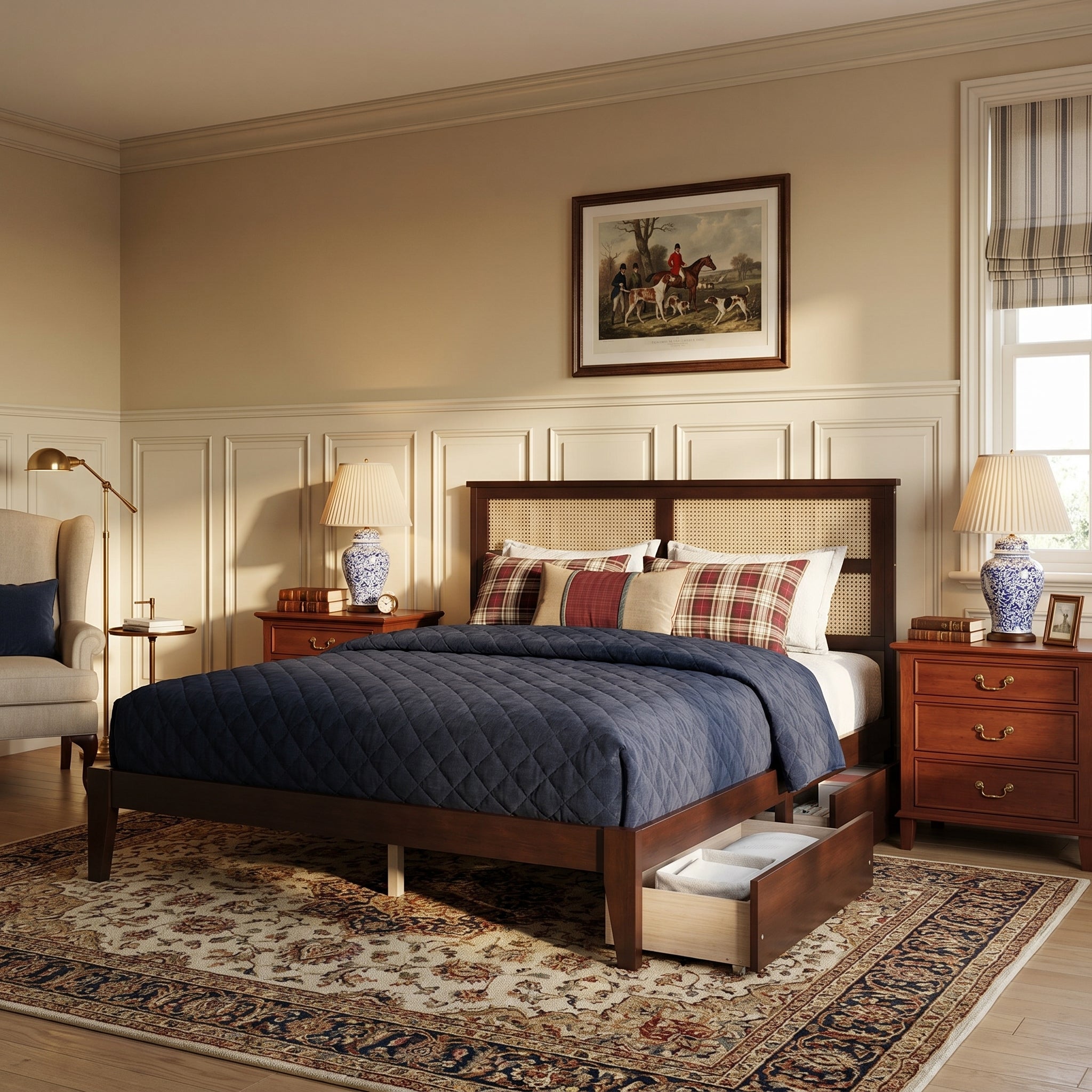 Elara King Solid Rubberwood Bed with Rattan Headboard and 2 Storage Drawers